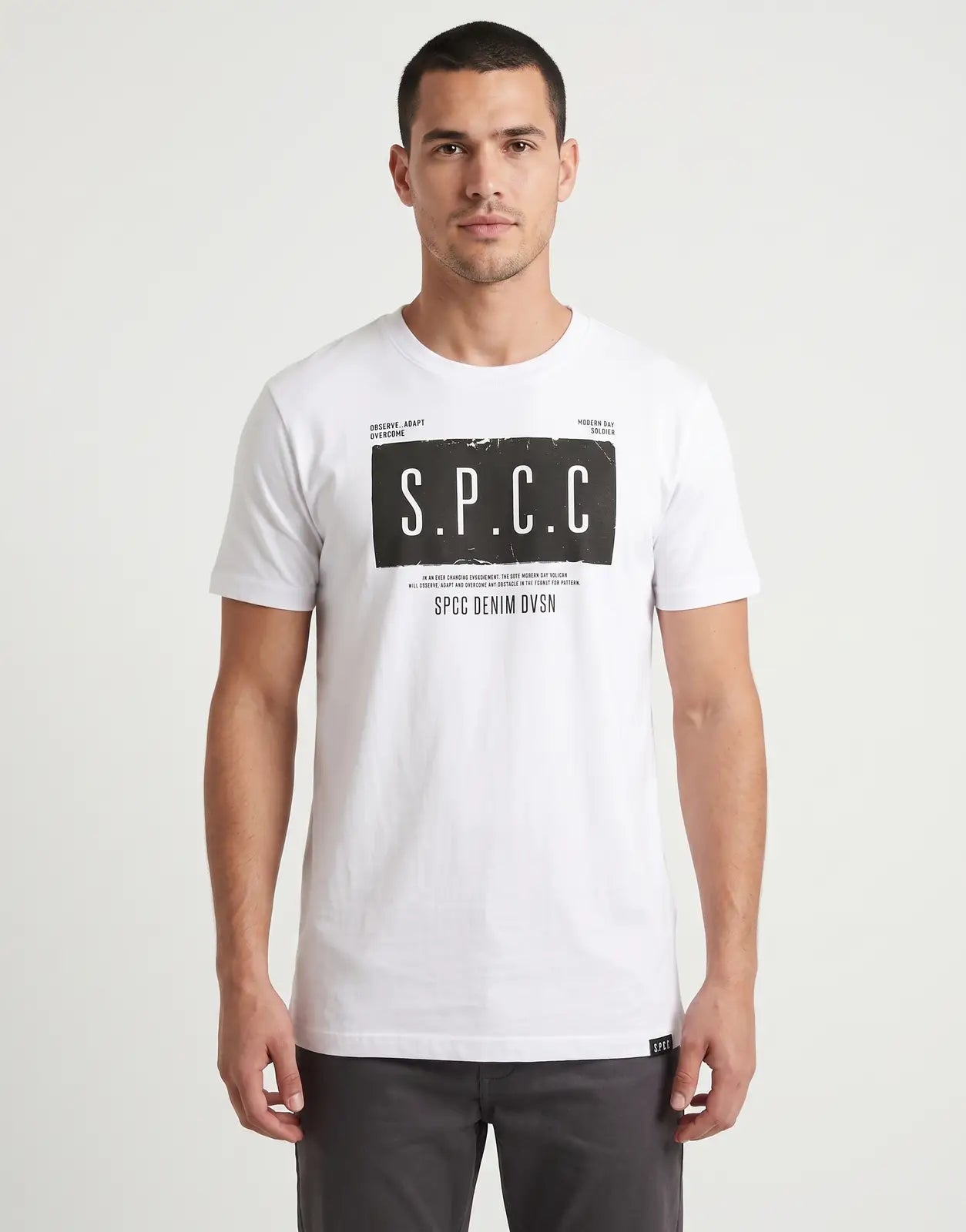 White SPCC Elias T-Shirt for men, featuring a short-sleeve design and a bold black graphic print on the chest.