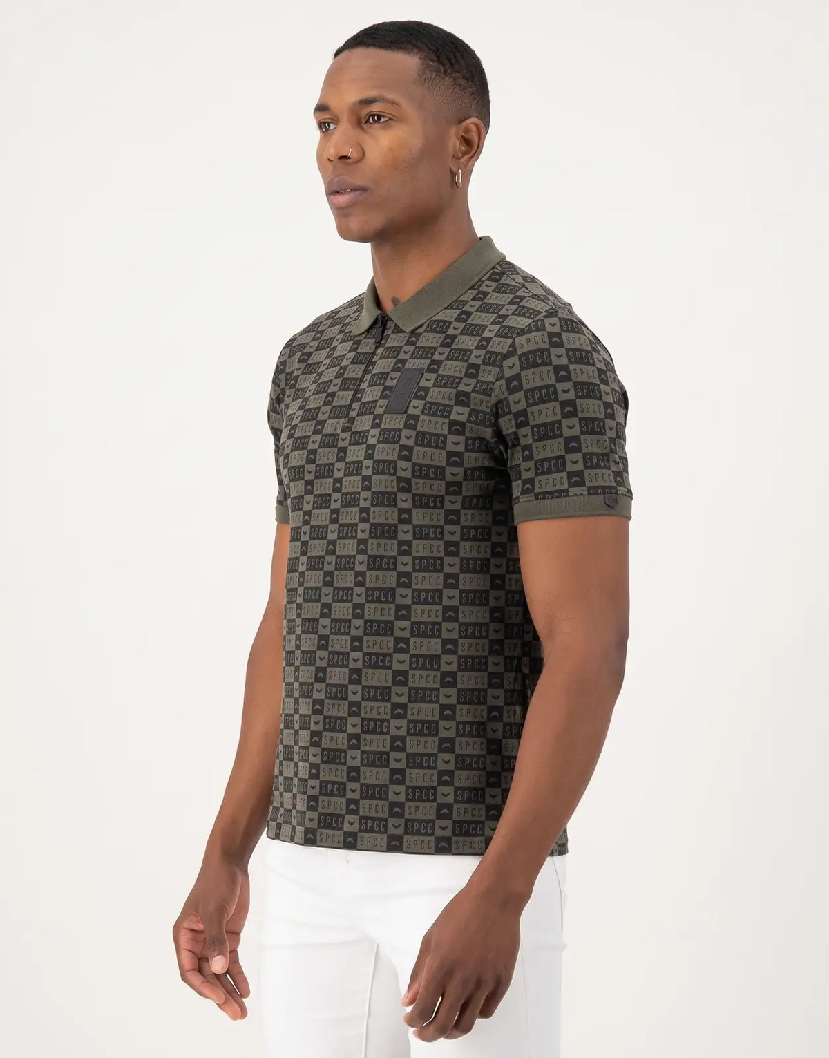 Men's SPCC Maro Fatigue Golfer polo shirt in olive green and black checkered pattern, short sleeve, shown from the front.