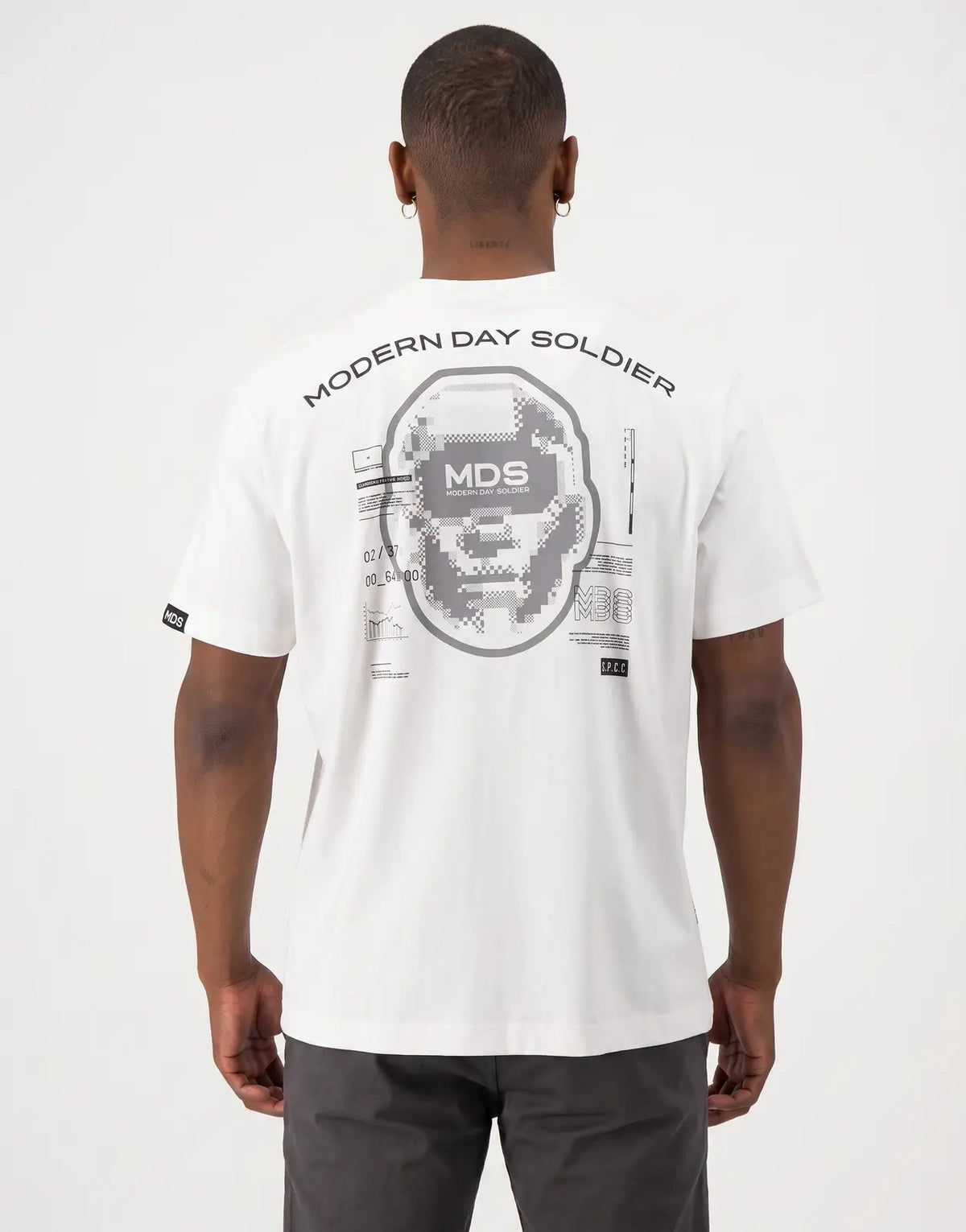 SPCC MDS Axel Off White T-Shirt for men, featuring a large pixelated graphic print and branding on the back.