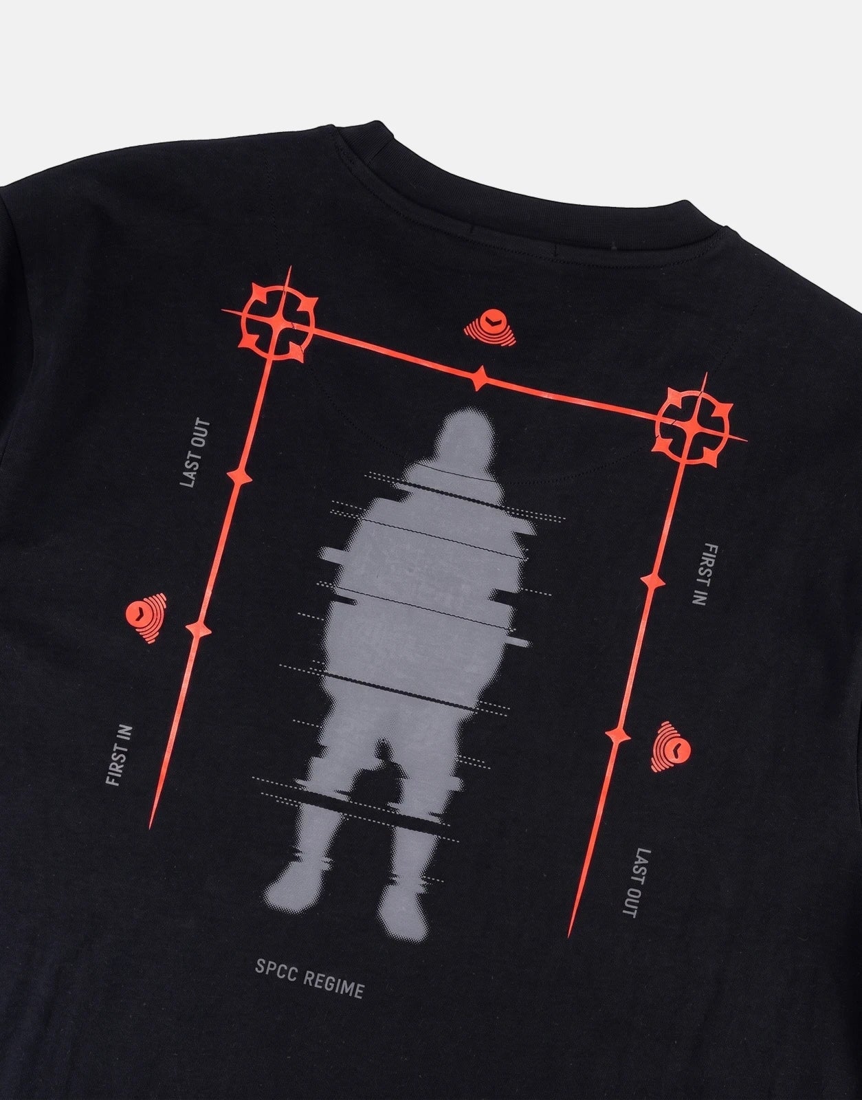 Black SPCC Recon Overwatch t-shirt, featuring a prominent grey and orange glitch-style graphic print on the back.