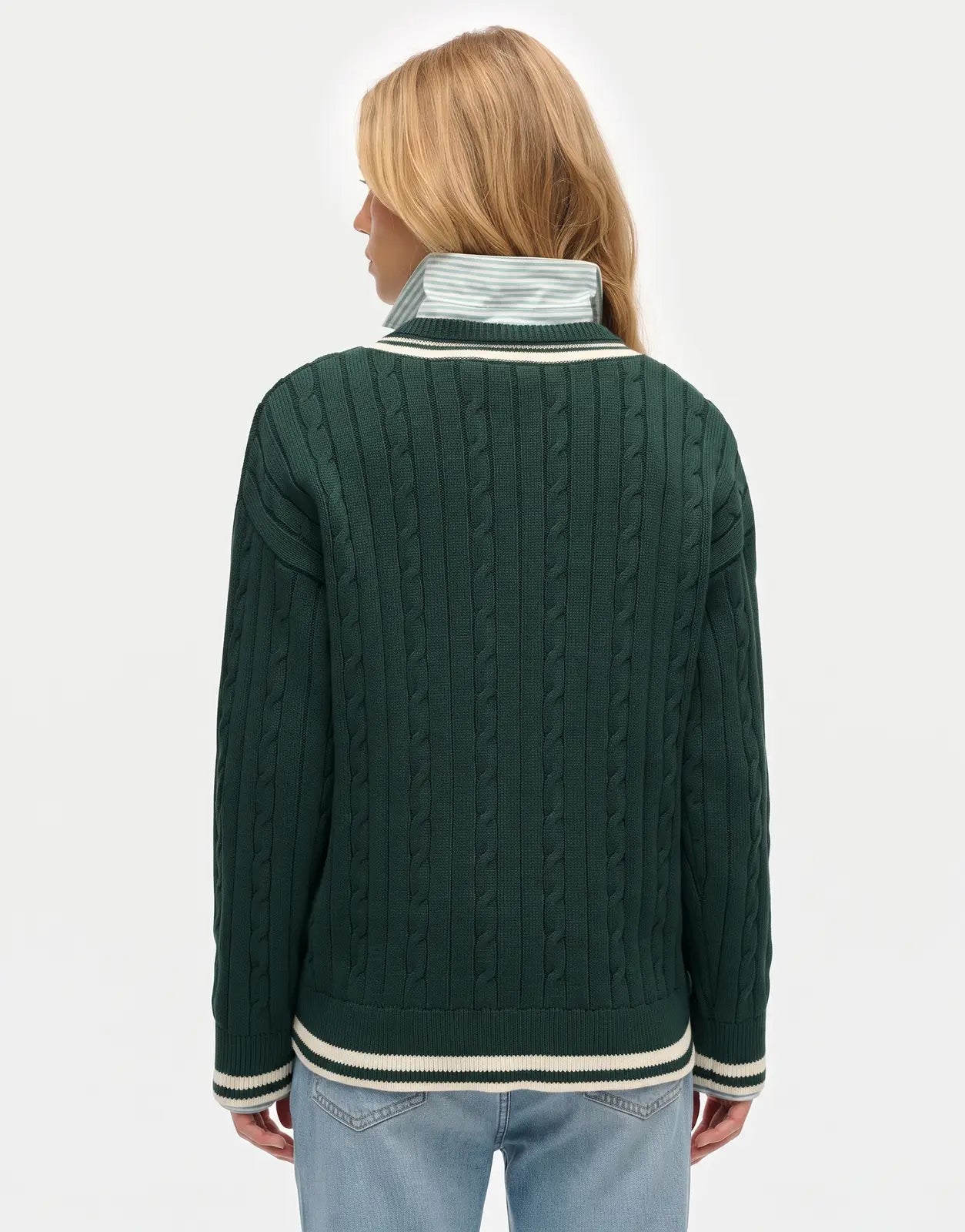 Superdry Cricket Club Enamel Green Jumper, a dark green cable knit sweater with white stripe details, shown from the back.