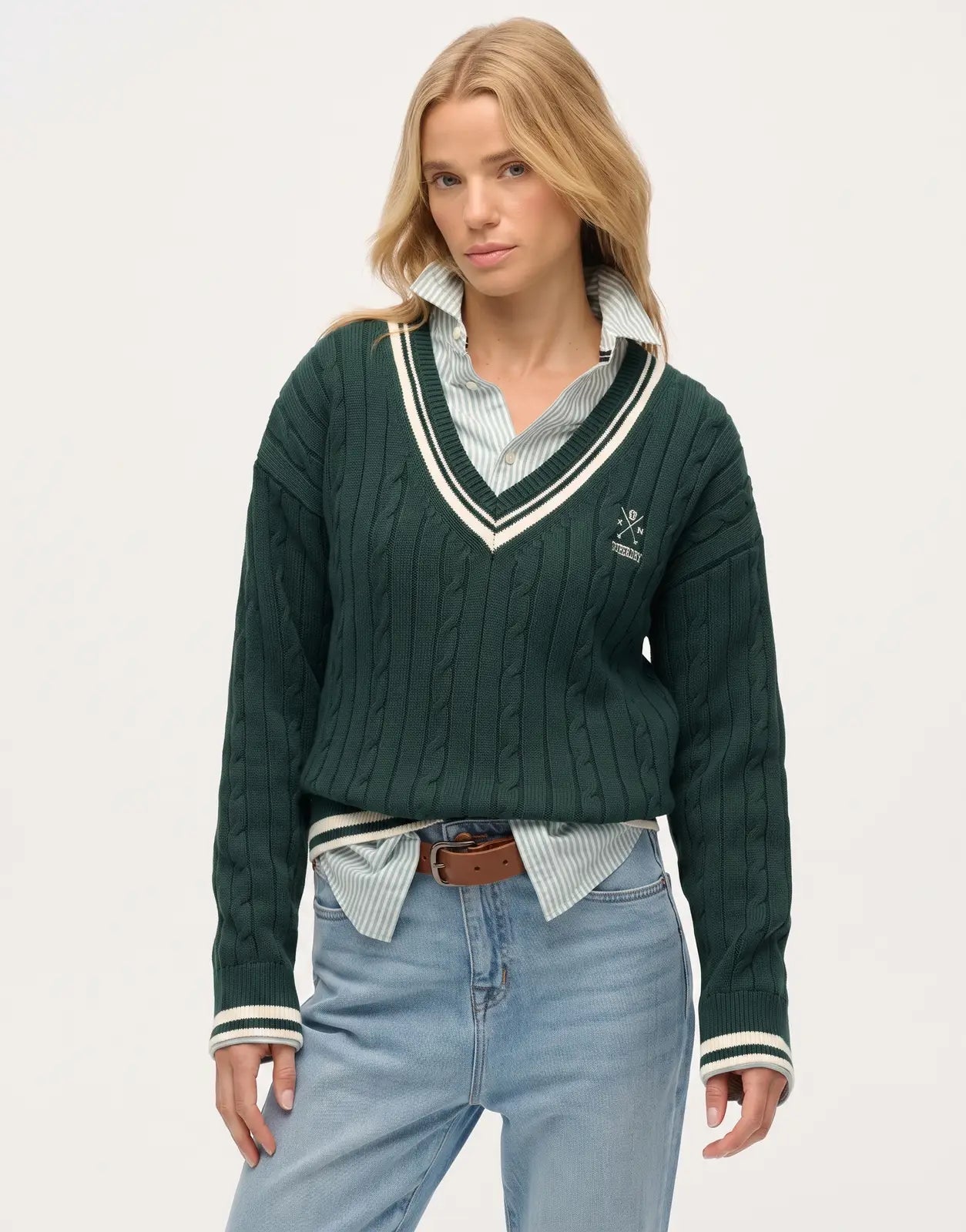Superdry Cricket Club Enamel Green Jumper for women, featuring a cable knit design, a V-neck, and classic striped trim