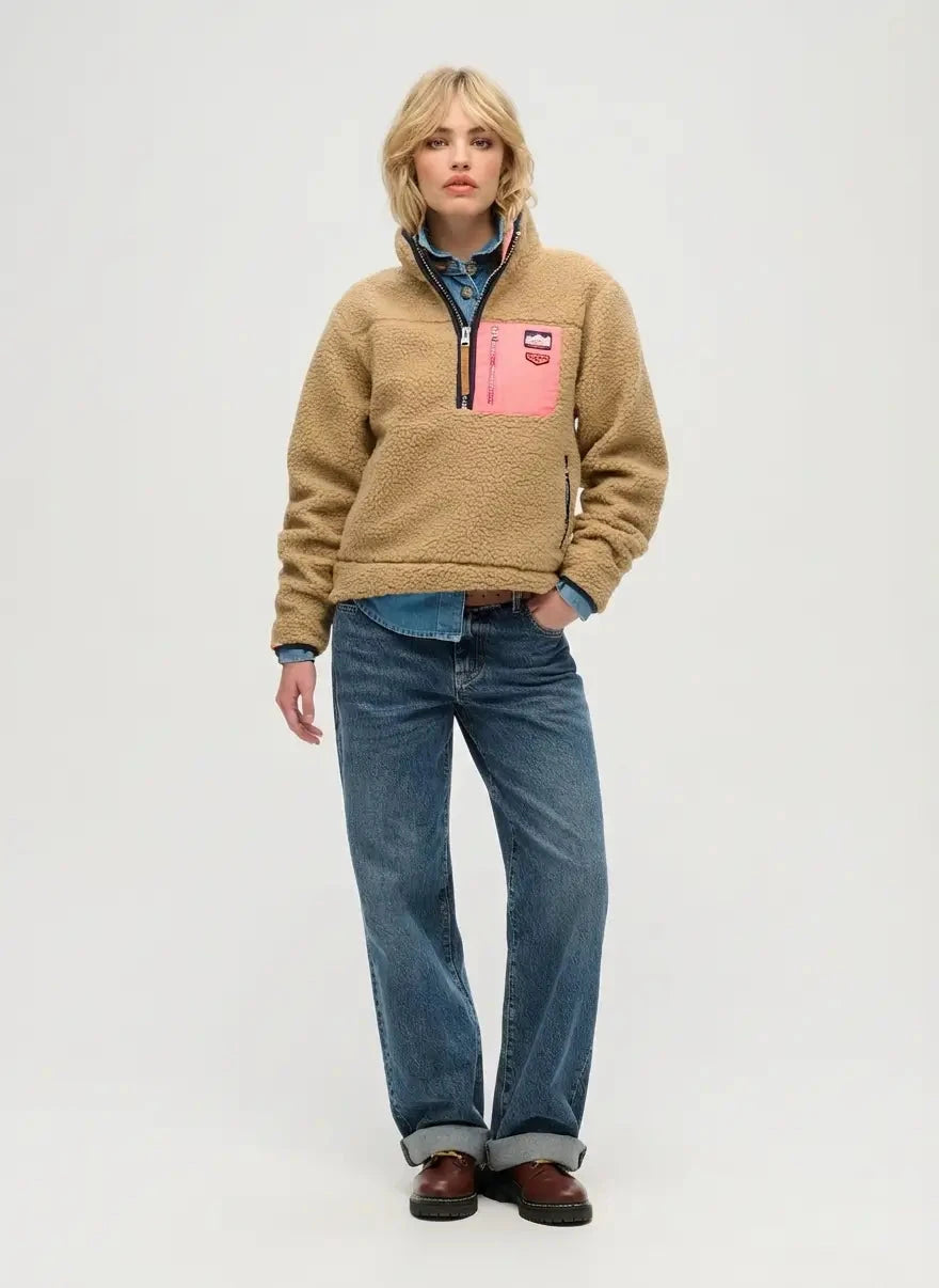 Superdry Vintage Retro Half Zip Fleece Tan Brown Sweatshirt - Subwear