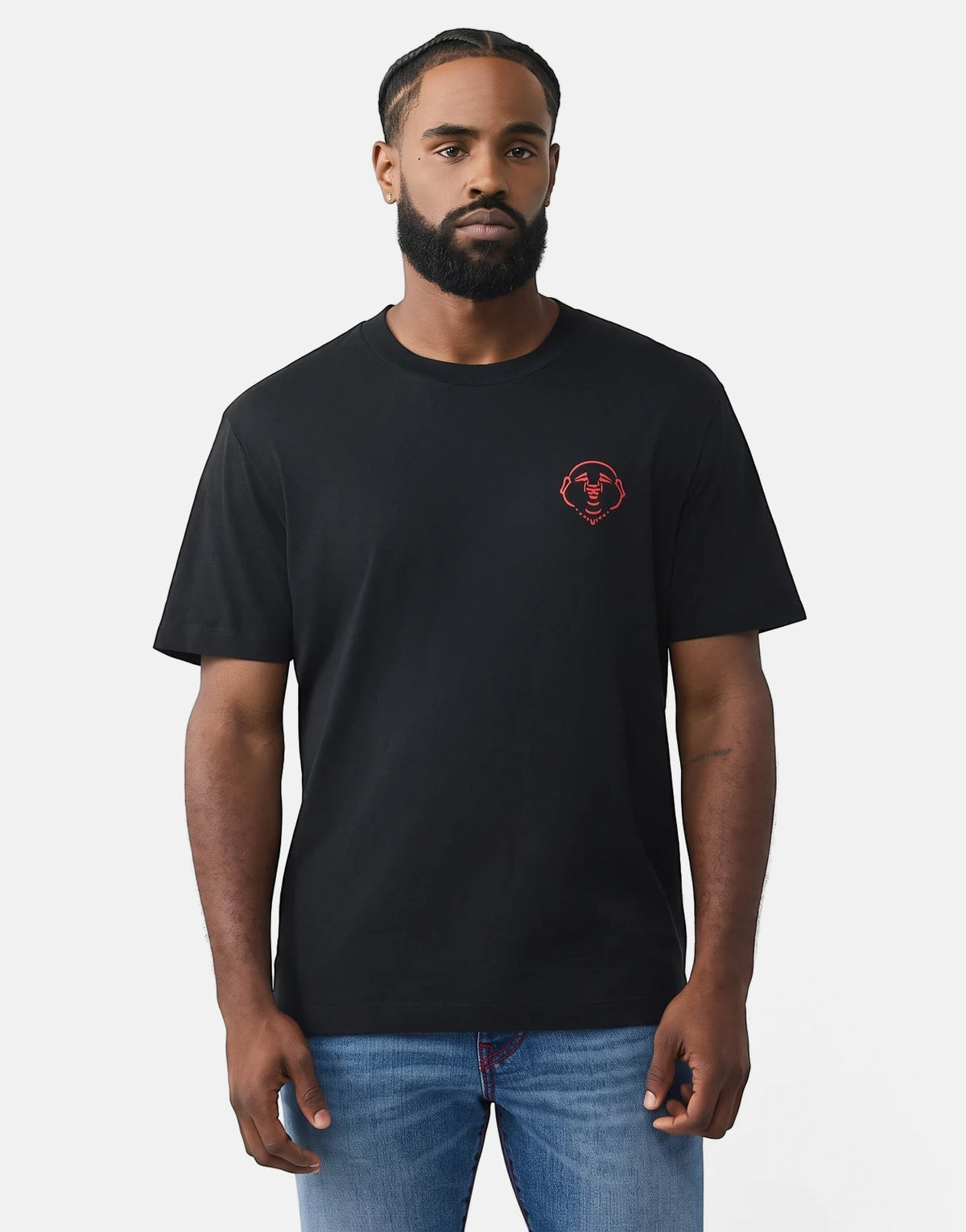 Men's True Religion Abstract Denim T-Shirt in black with a red Buddha logo on the chest, styled with blue jeans.