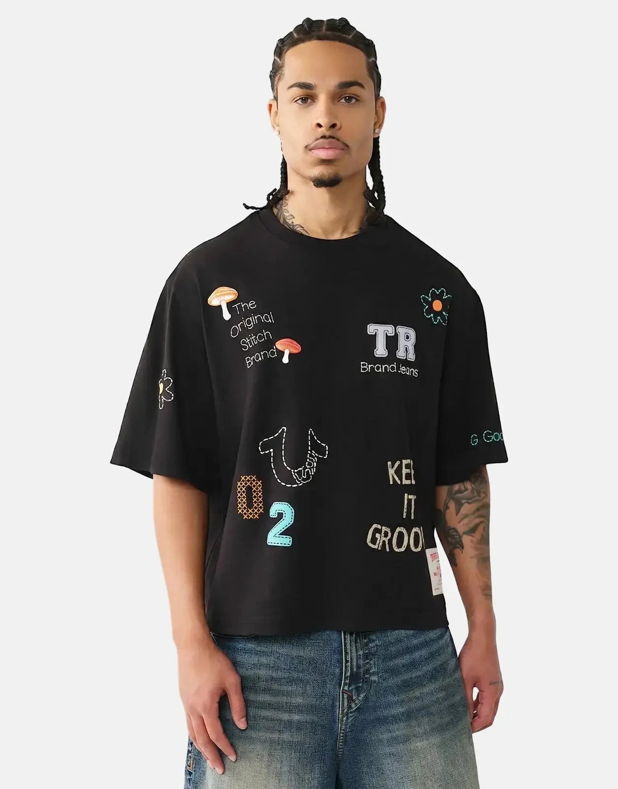 True Religion Multi Logo Boxy T-Shirt Black - Subwear