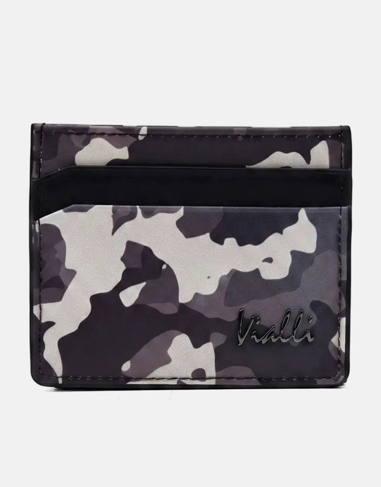 Vialli camo/black card holder featuring multiple card slots and a sleek black accent for everyday use.