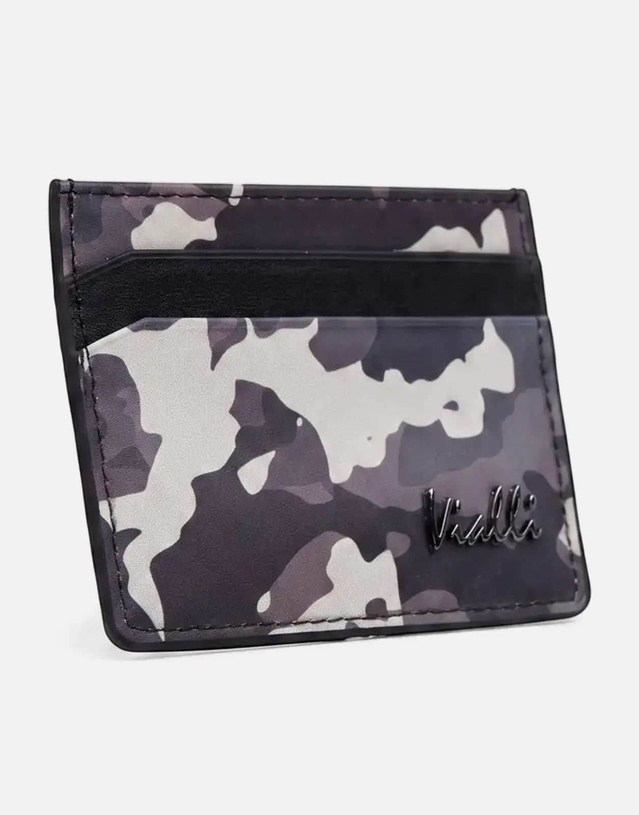 Vialli Camo/Black Card Holder featuring a distinctive grey camouflage pattern and sleek black accents, perfect for carrying
