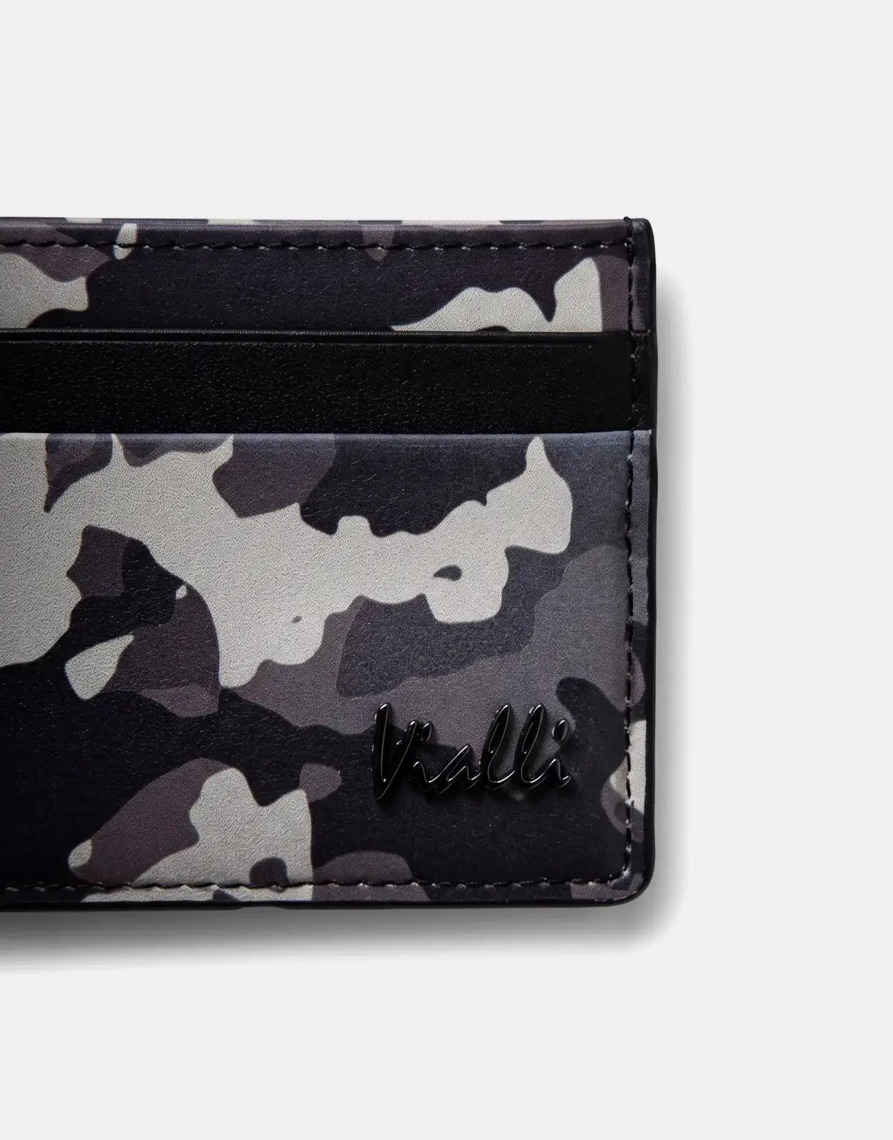 Close-up view of a Vialli men's card holder featuring a grey and black camouflage pattern with sleek black trim and the