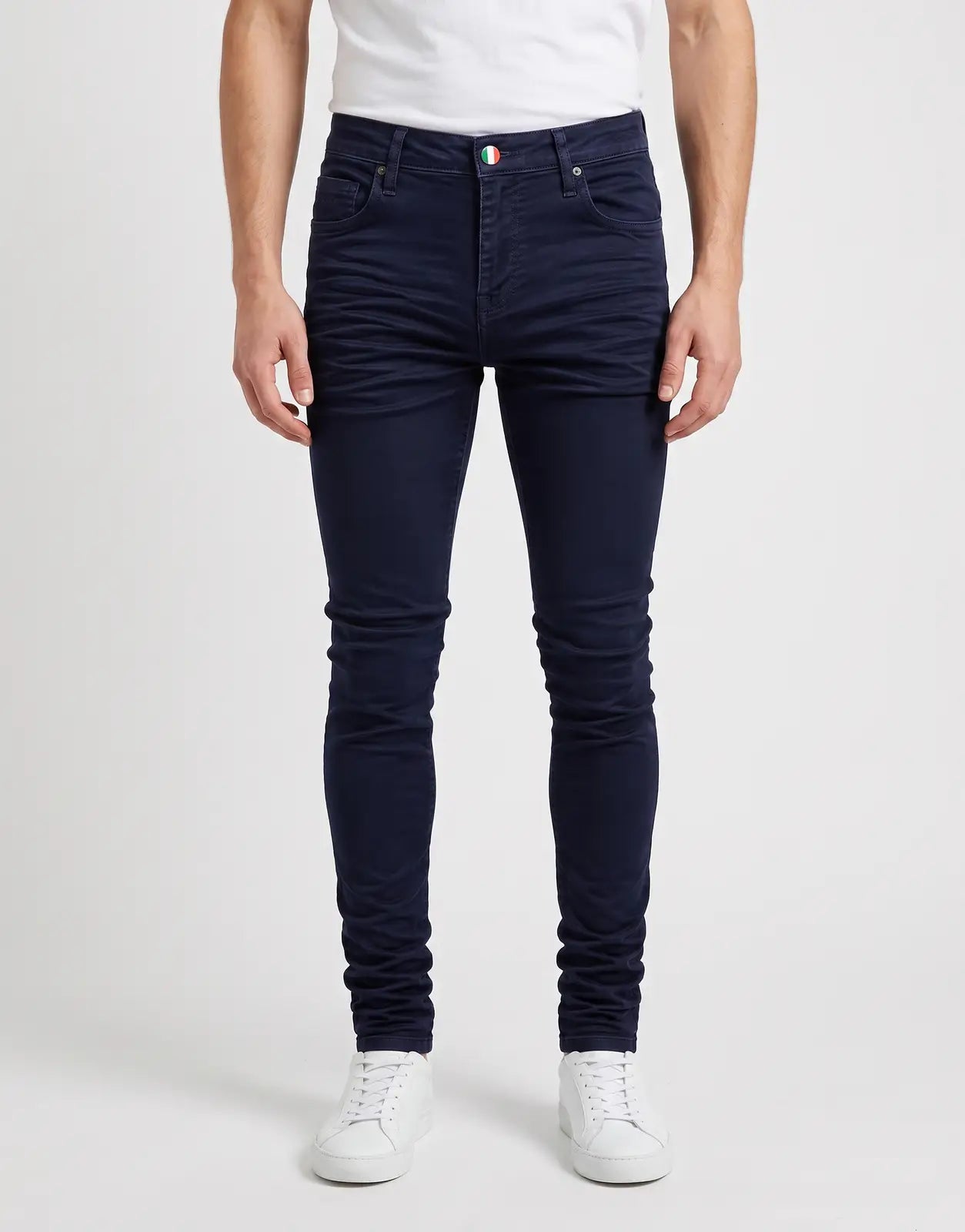 Vialli Gazoom Ultra Blue Jeans for men, dark blue denim with a distinctive button detail, shown from the front.