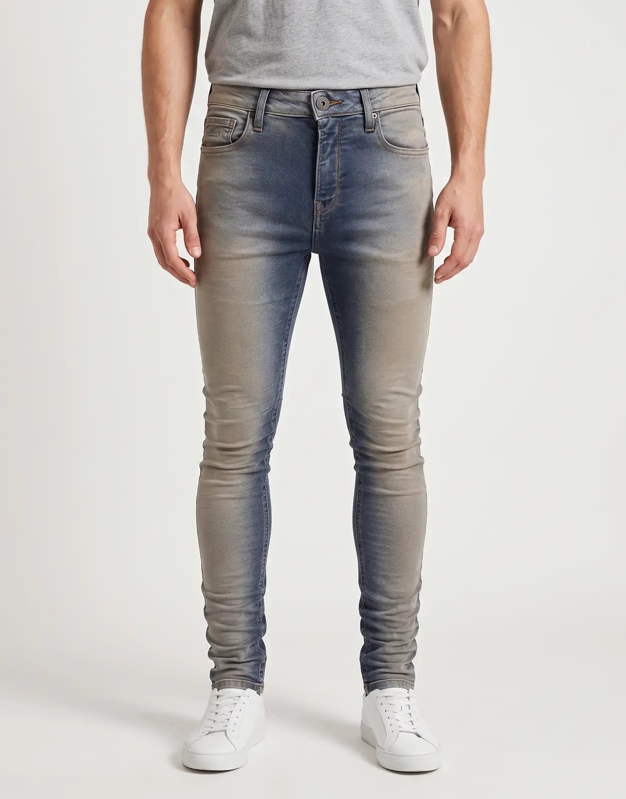 Vialli Grace Fade Blue Jeans, a stylish pair of men's denim jeans with a faded wash and slim fit, shown from the front.
