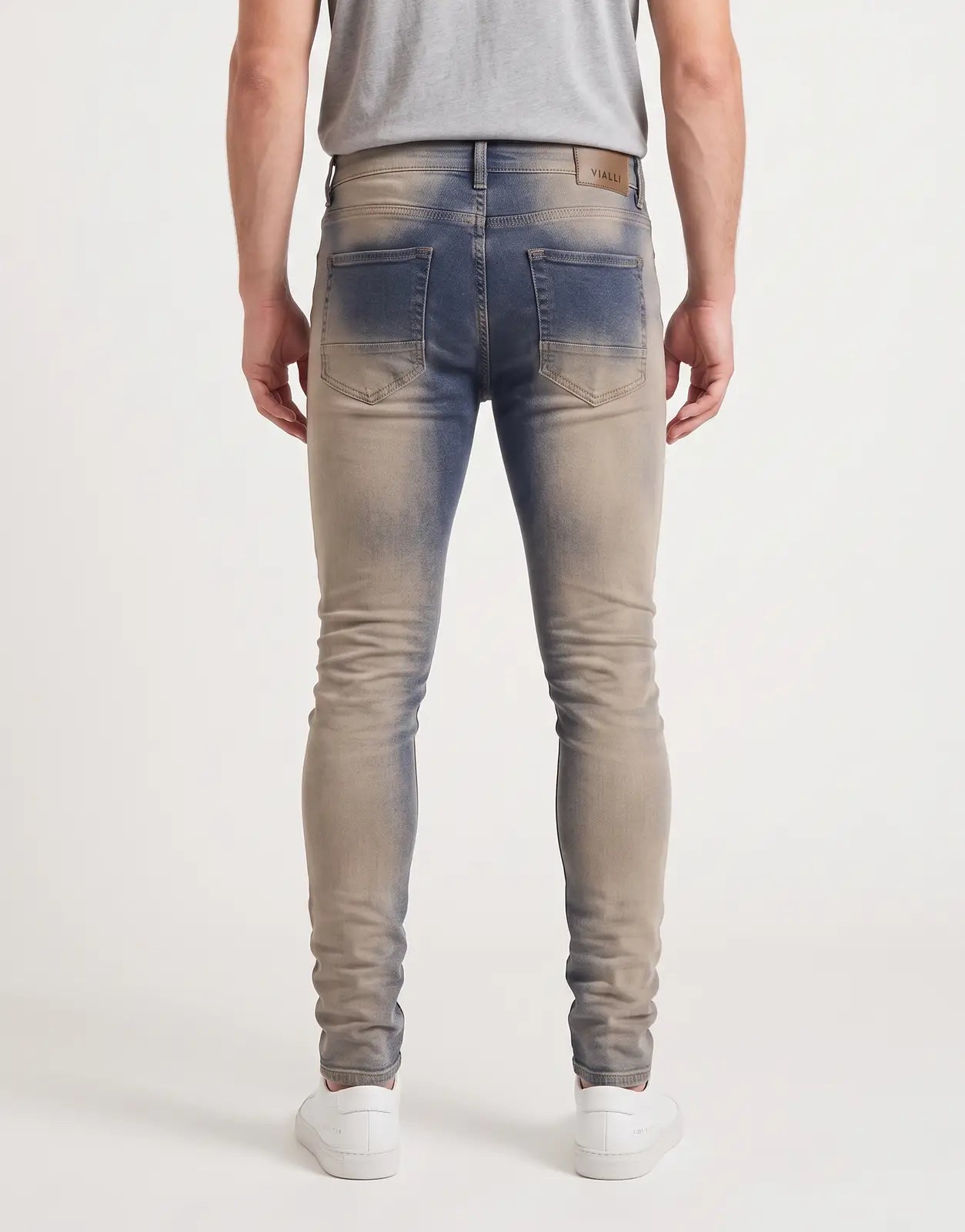 Men's Vialli Grace Fade Blue Jeans, showcasing the unique faded blue and beige wash, visible from the back view with