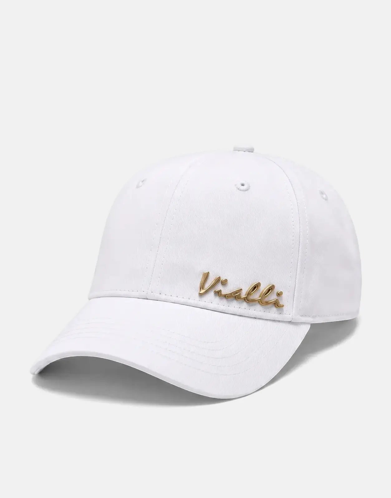 White Vialli Jakarta baseball cap with a prominent gold logo, viewed from an angled perspective on a white background.