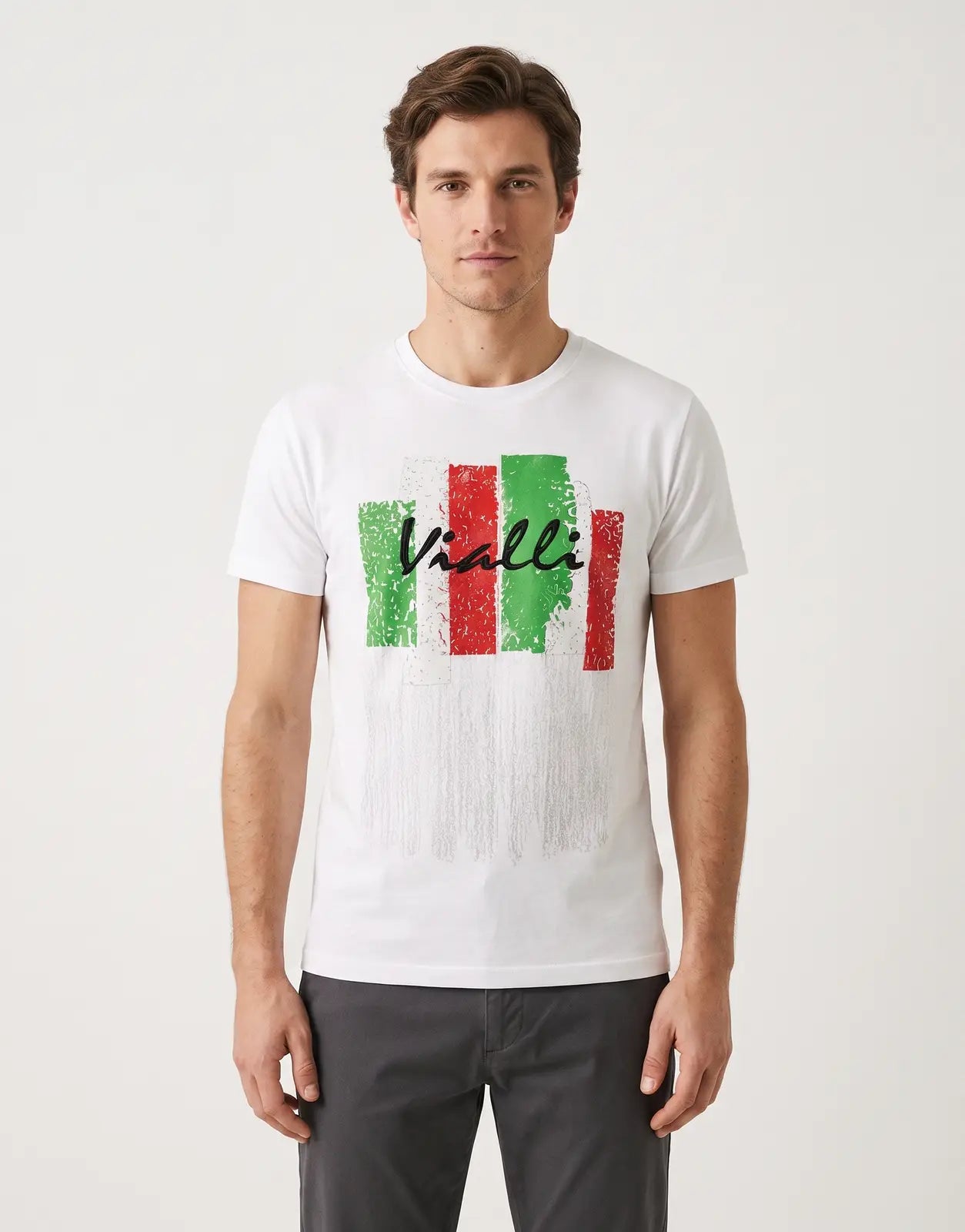 Vialli Nelson white t-shirt with a distressed green and red stripe Italian flag design and 'Vialli' text on front.