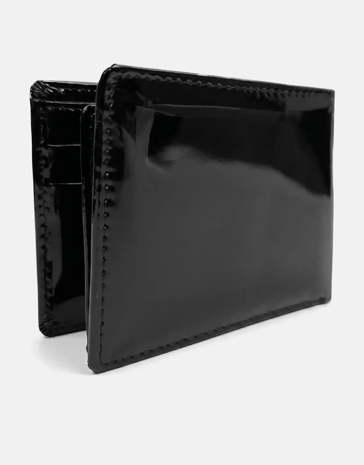 Black patent leather tri-fold wallet by Vialli, shown partially open from a side angle, displaying its glossy finish.