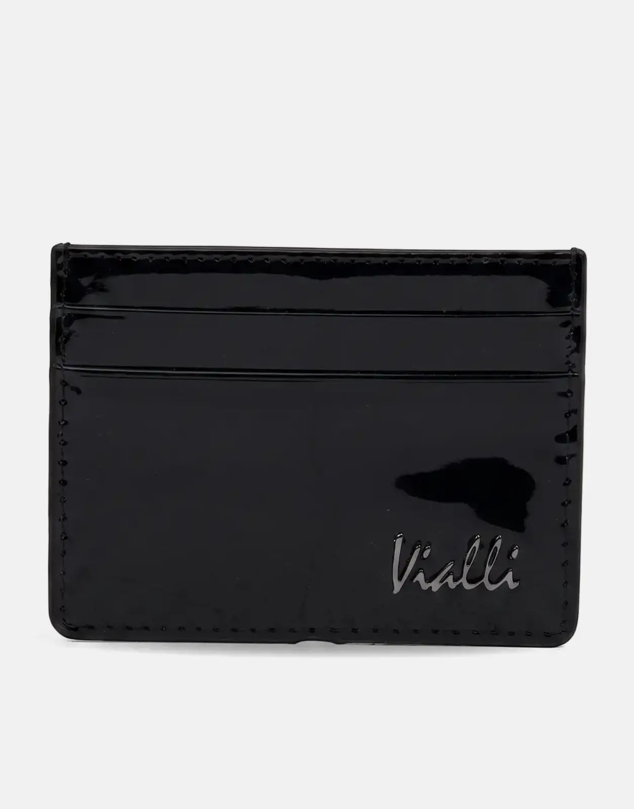 Vialli Patern black patent leather card holder, featuring multiple card slots and a glossy finish.