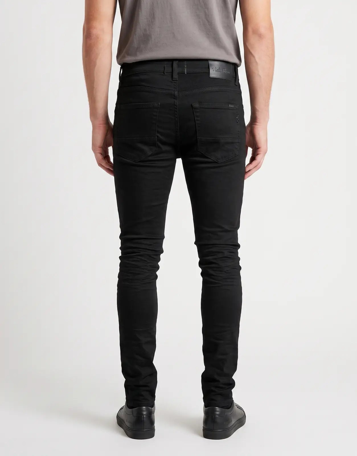 Vialli Rano Sottle Wash Black Jeans seen from the back with slim fit and rear pockets.