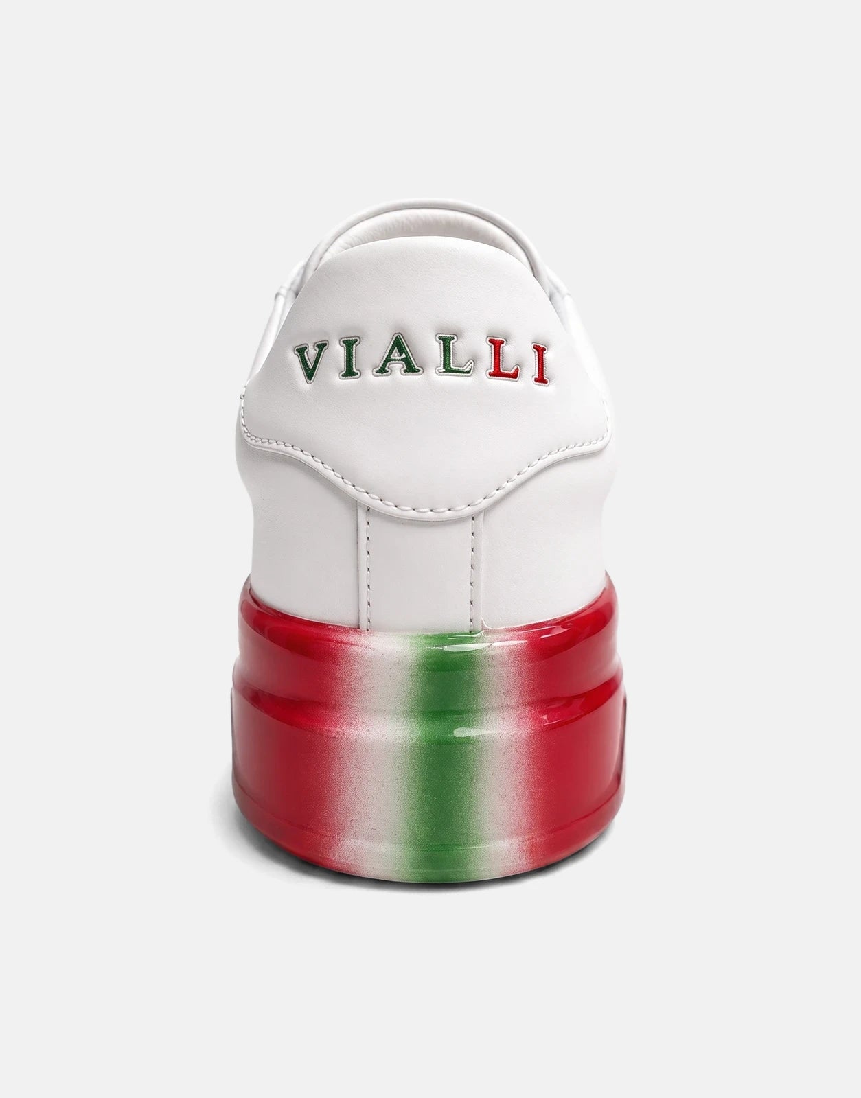 Vialli Rubai white multi sneakers with a red and green gradient sole, detailed back view.