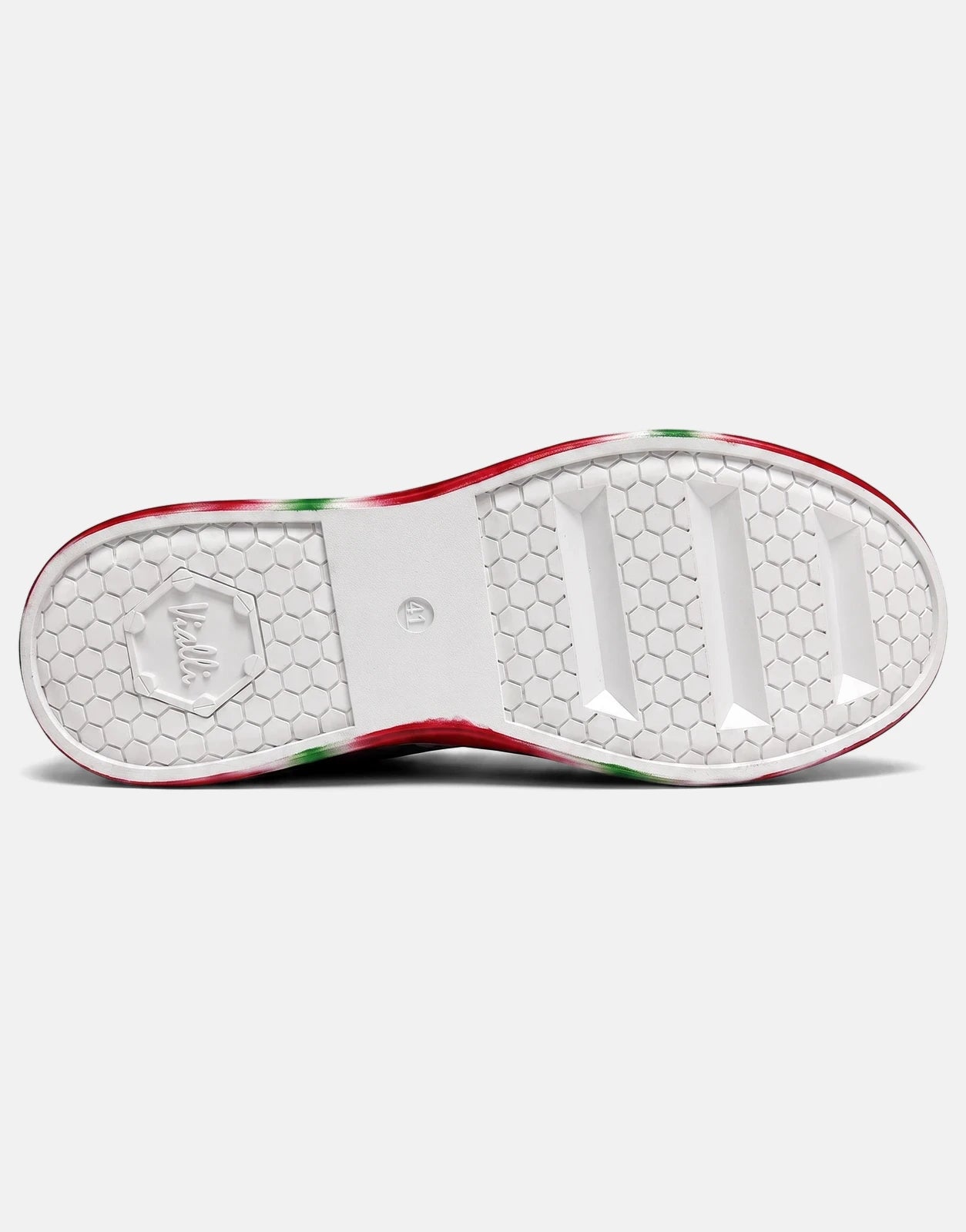 Bottom sole of Vialli Rubai White Multi Sneakers, featuring a distinctive hexagonal grip pattern and vibrant red, green, and