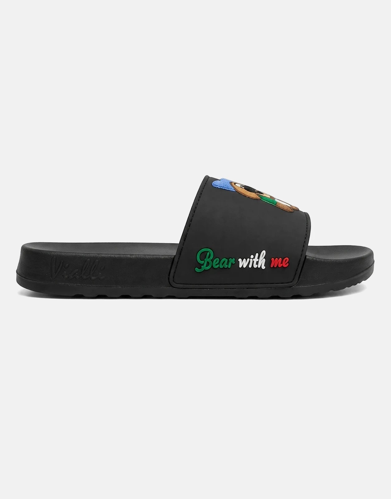 Vialli Yogi black slide sandal with a playful 'Bear with me' graphic on the strap, shown from a side view.