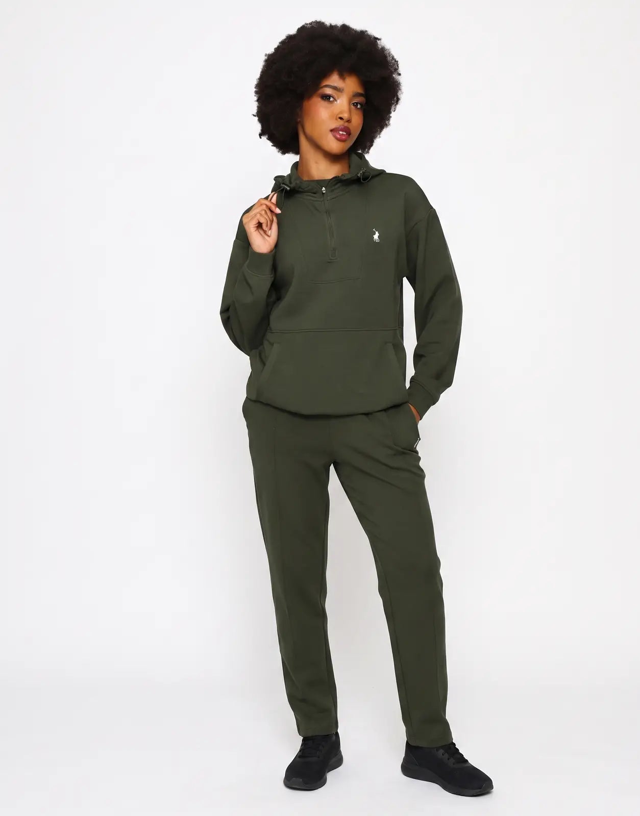 Women's Polo Robyn LS Olive Track Top, featuring a long-sleeve, hooded design with a quarter-zip closure and logo detail.