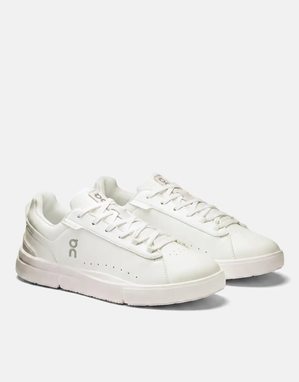 On Women's Roger Advantage white sneaker in white leather with a cushioned insole and clean low-profile design.
