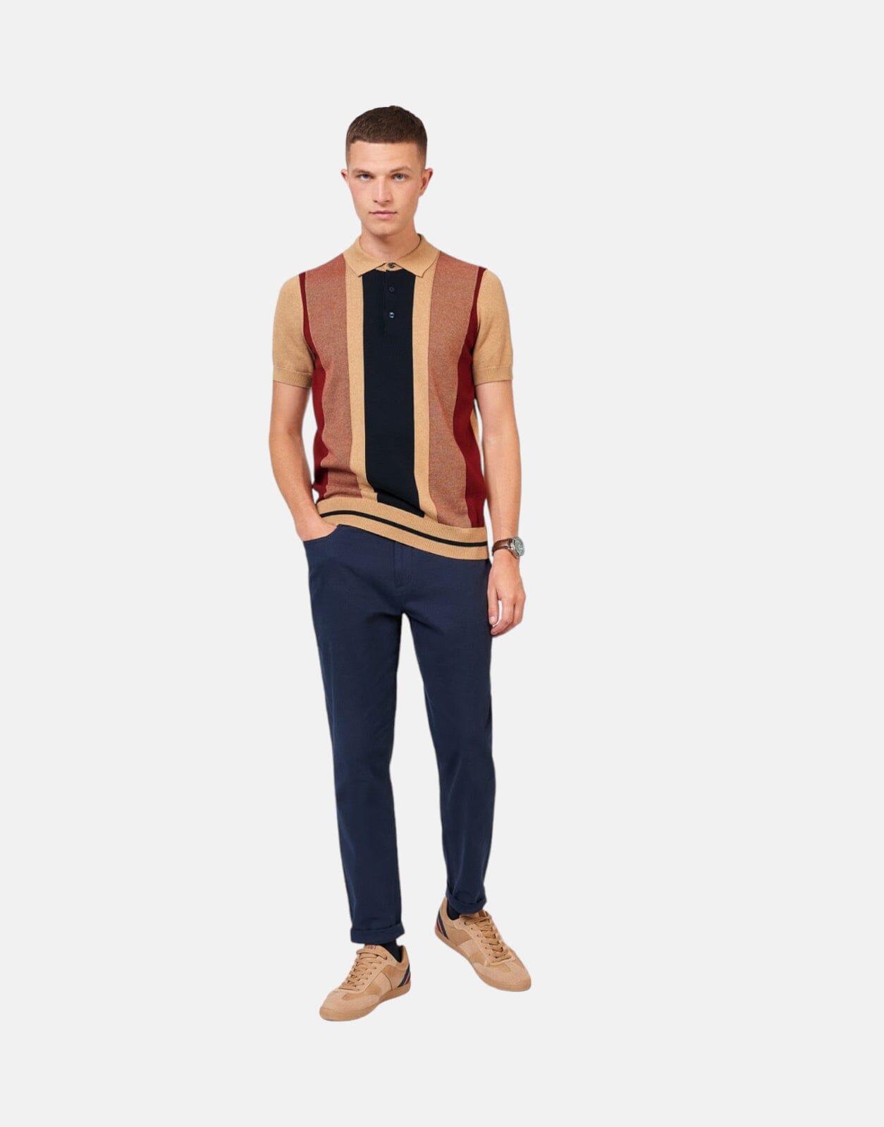 Ben Sherman Vertical Stripe Knitted Brown Polo Shirt - Subwear