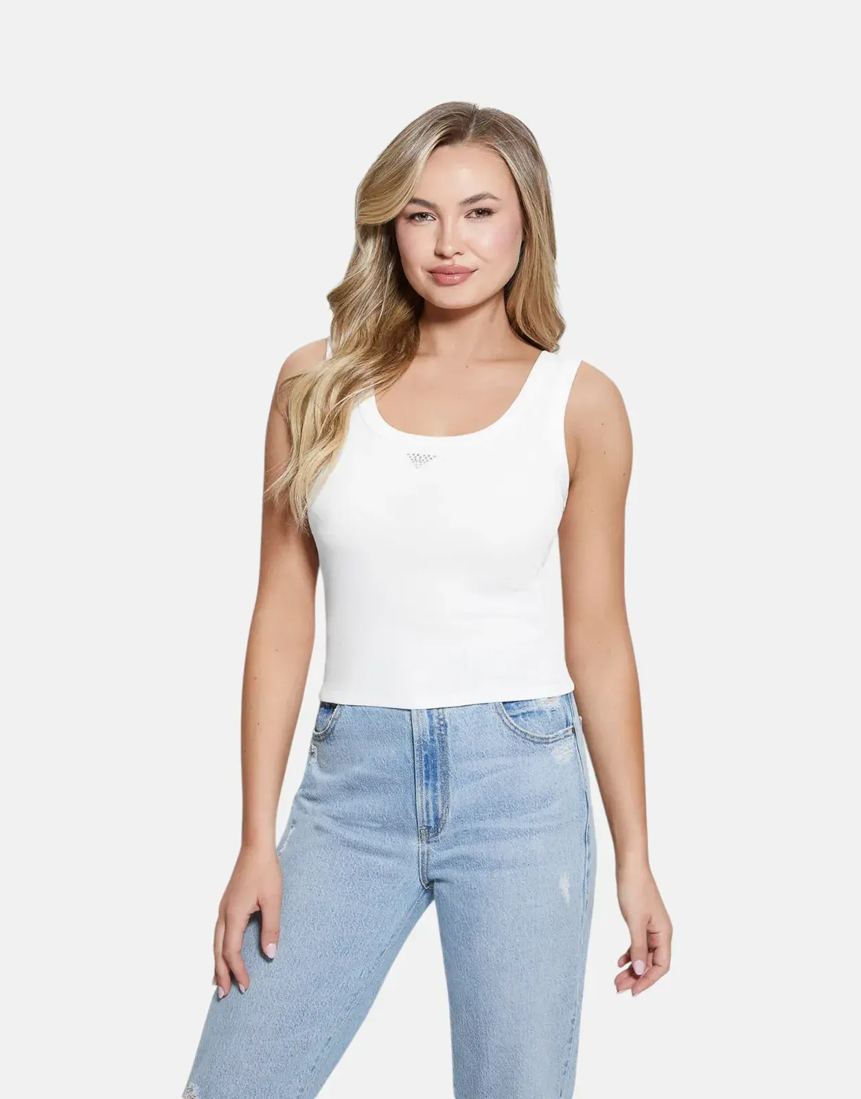 Guess Triangle Bling Rib White Tank Top - Subwear
