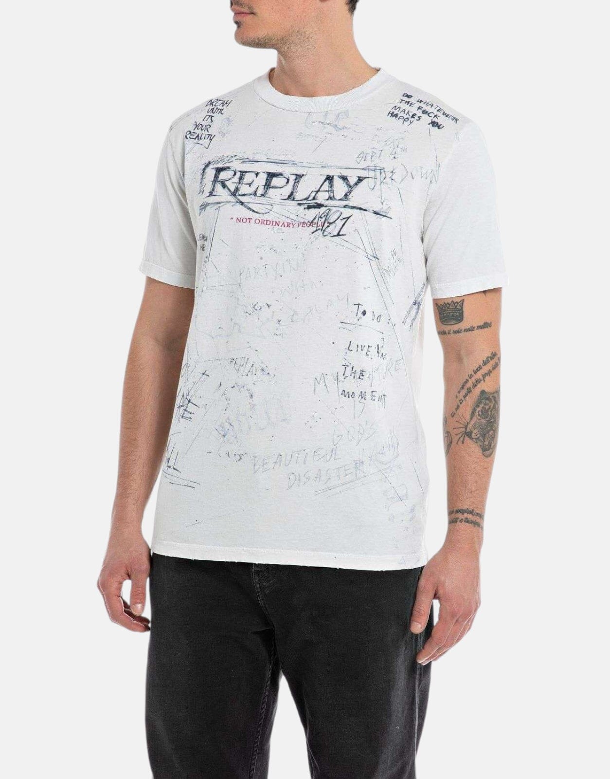 Replay Sketch Chalk Printed T-Shirt White - Subwear