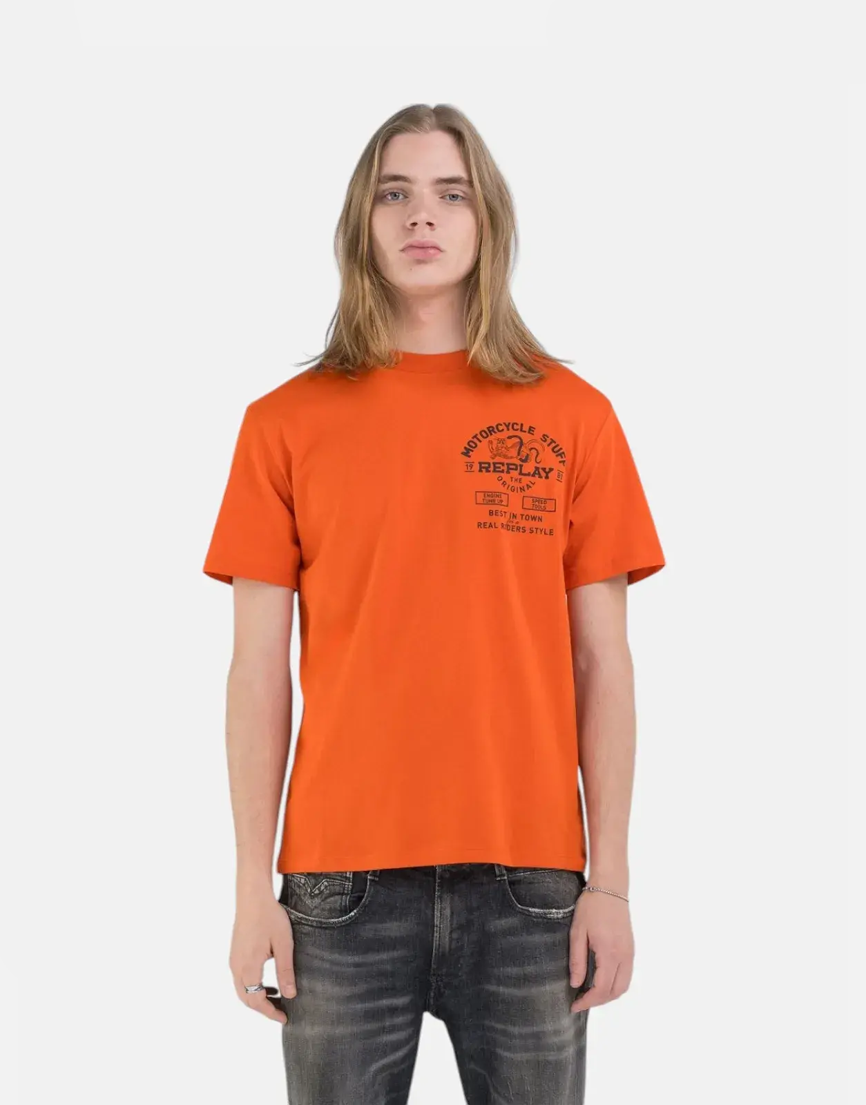 Replay Motorcycle Store Side Logo Blaze Orange T-Shirt Subwear