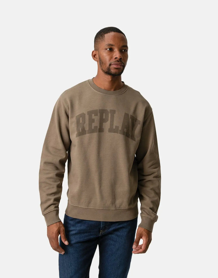 Replay Thick Logo Print Sweatshirt Stone Green - Subwear