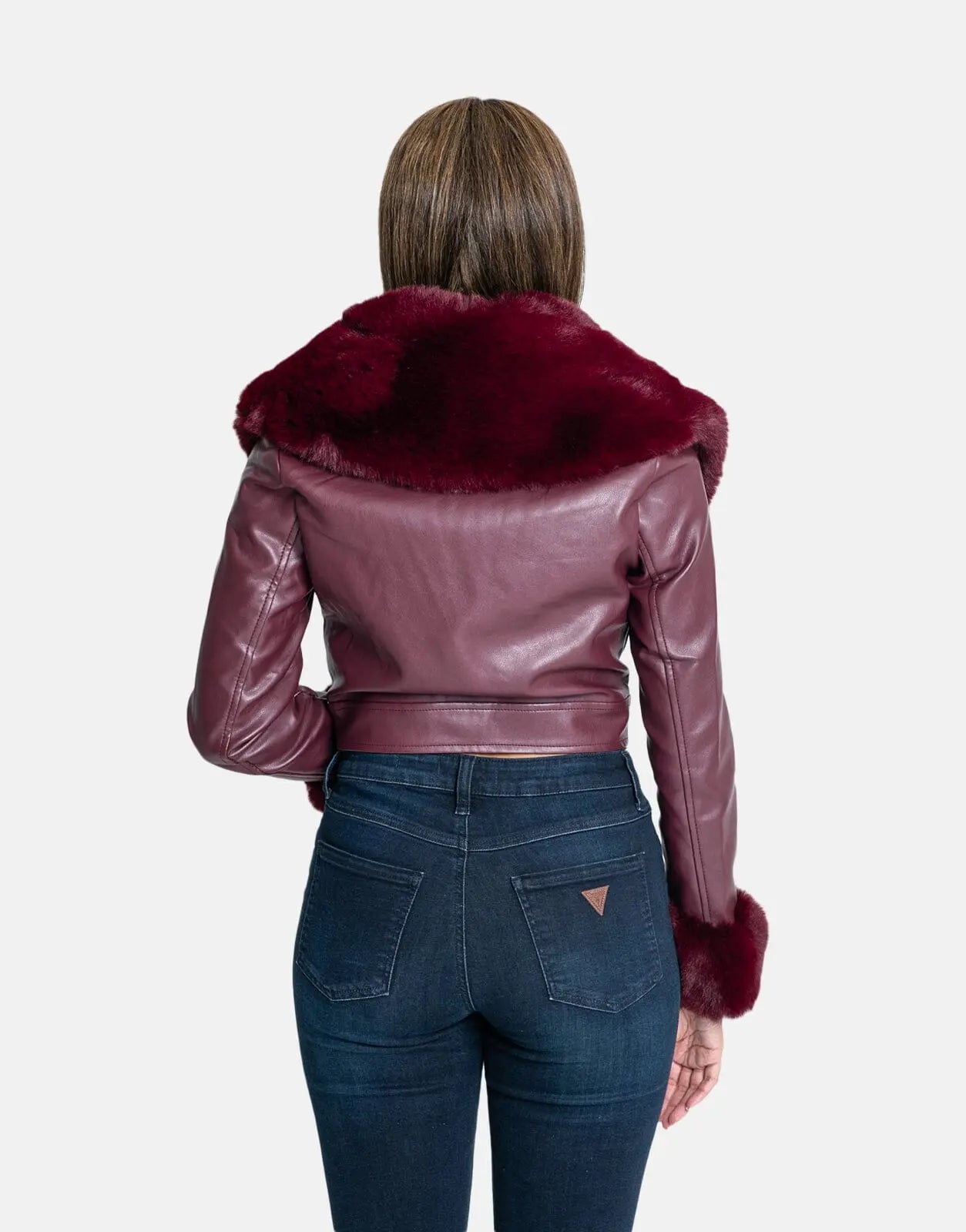 Sissy Boy Faux Leather Fur Collar Jacket Burgundy - Subwear