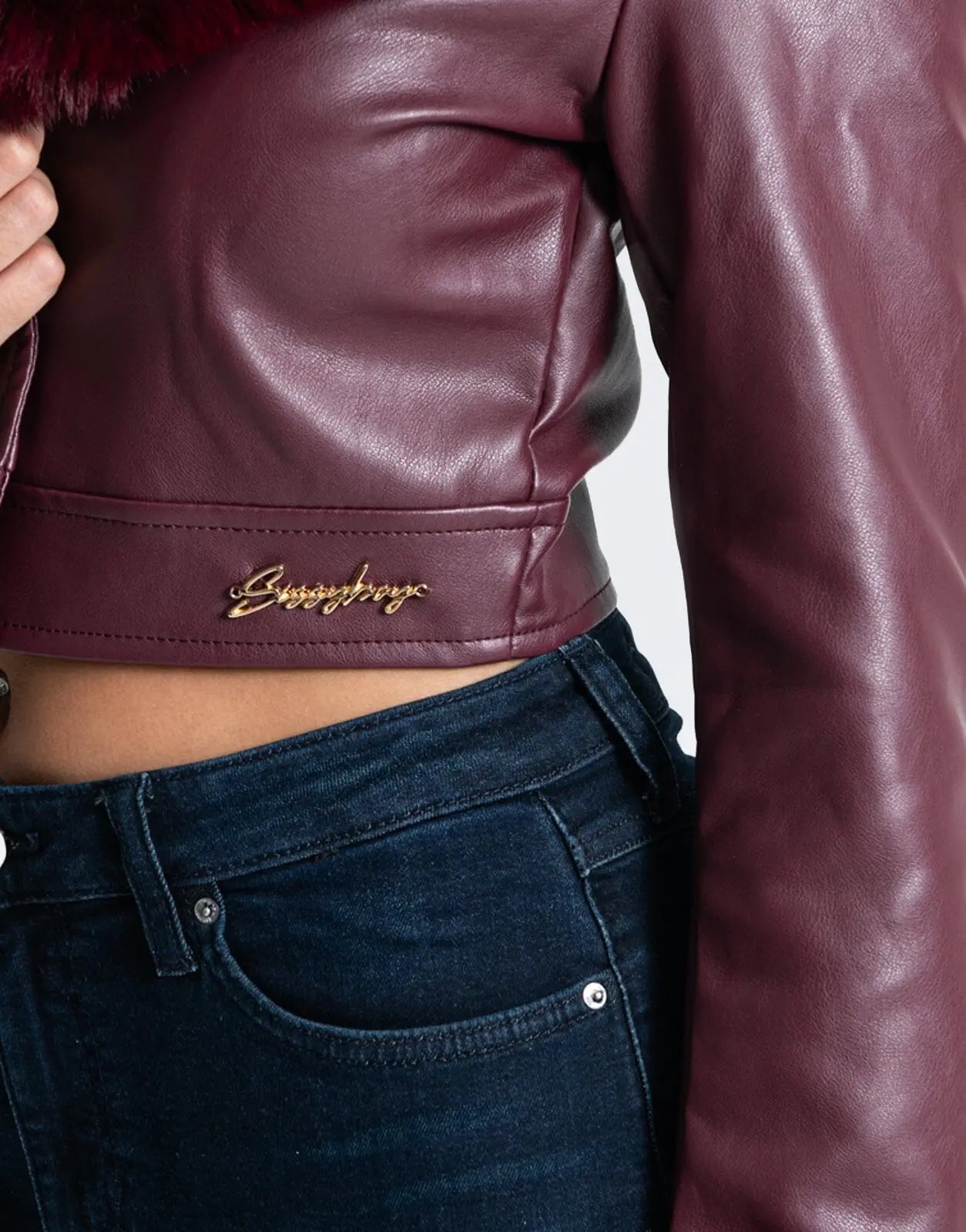 Sissy Boy Faux Leather Fur Collar Jacket Burgundy - Subwear
