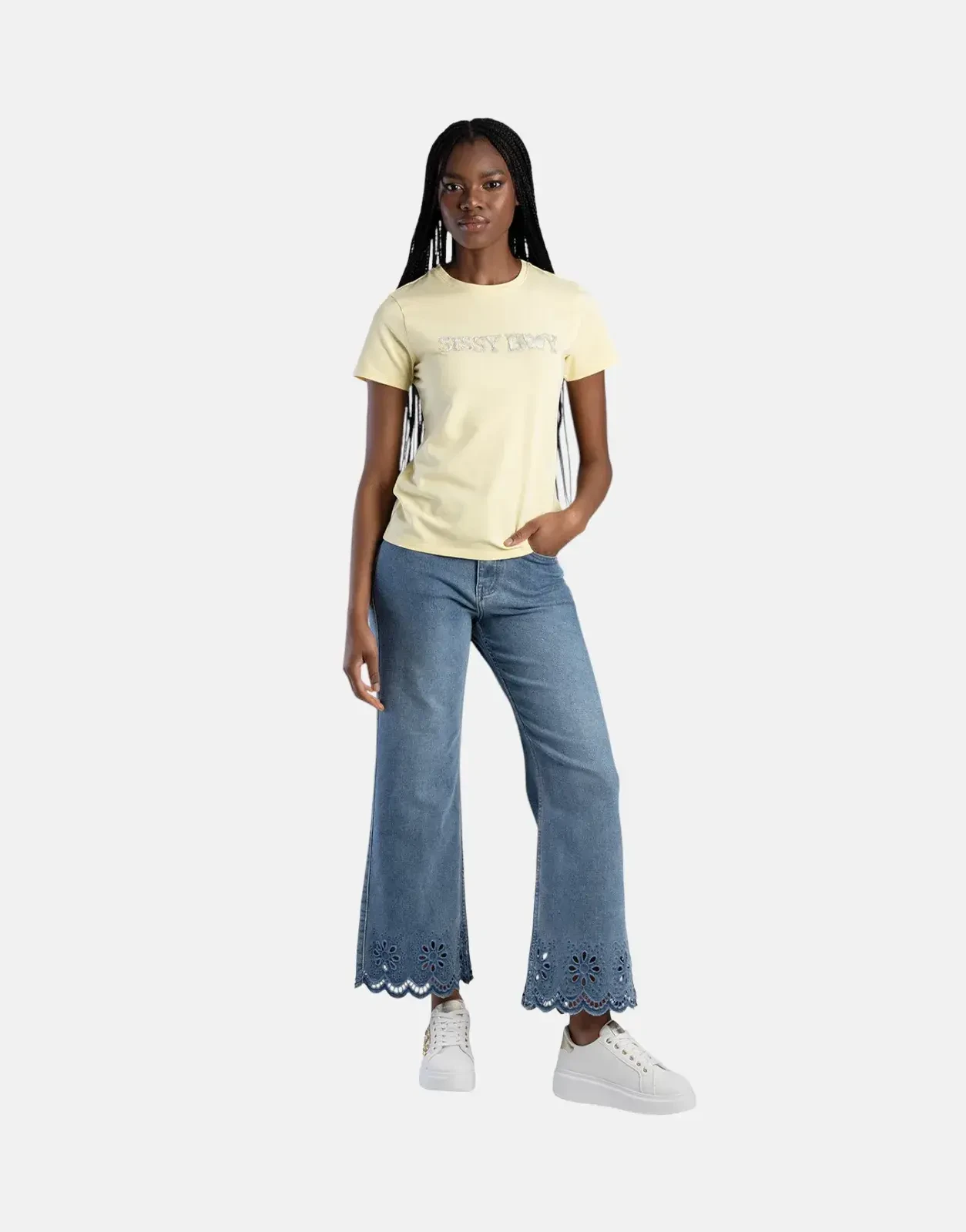 Sissy Boy Flower Embroidery Bling Logo Pale Yellow Top - Subwear