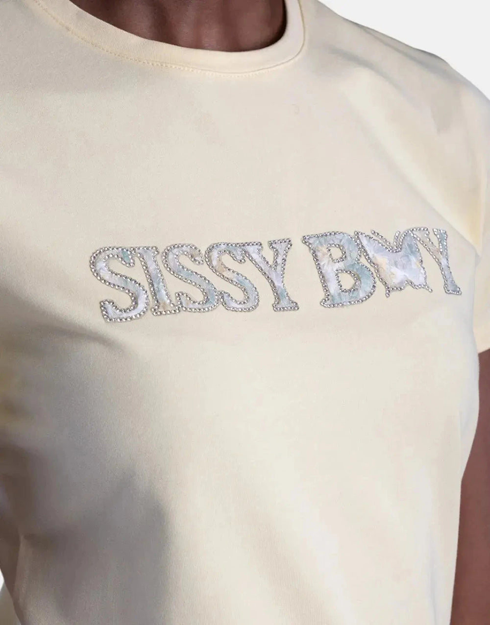 Sissy Boy Flower Embroidery Bling Logo Pale Yellow Top - Subwear