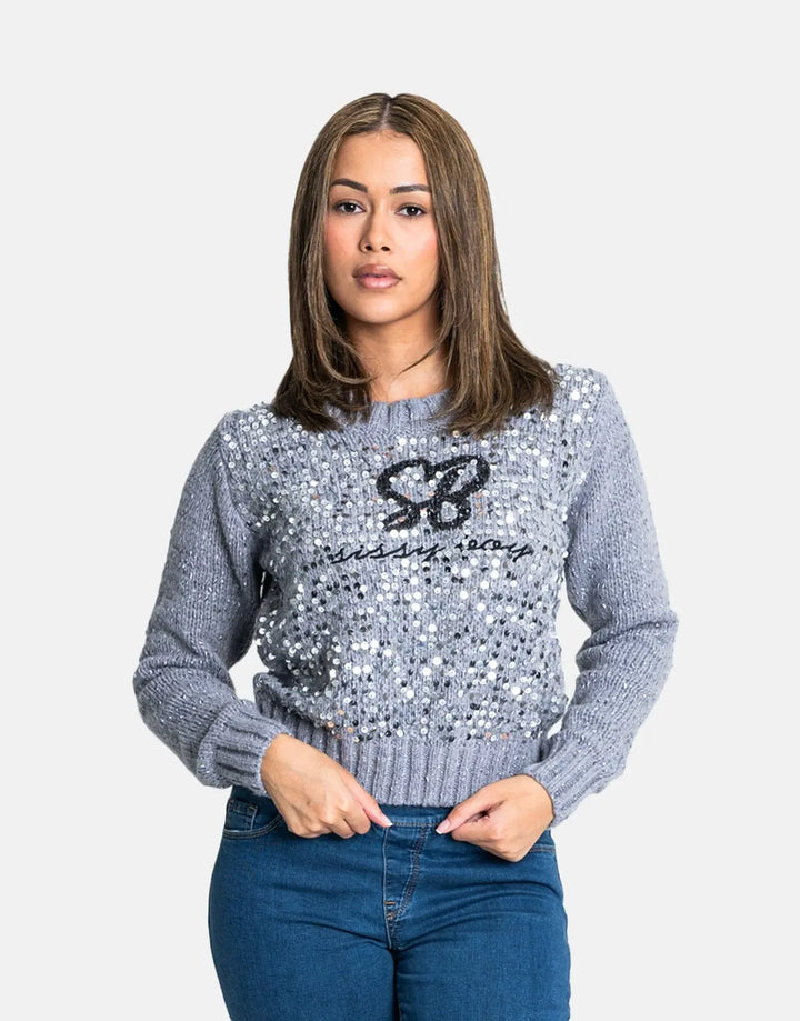 Sissy Boy Sequin Logo Knit Grey Melange Sweatshirt - Subwear
