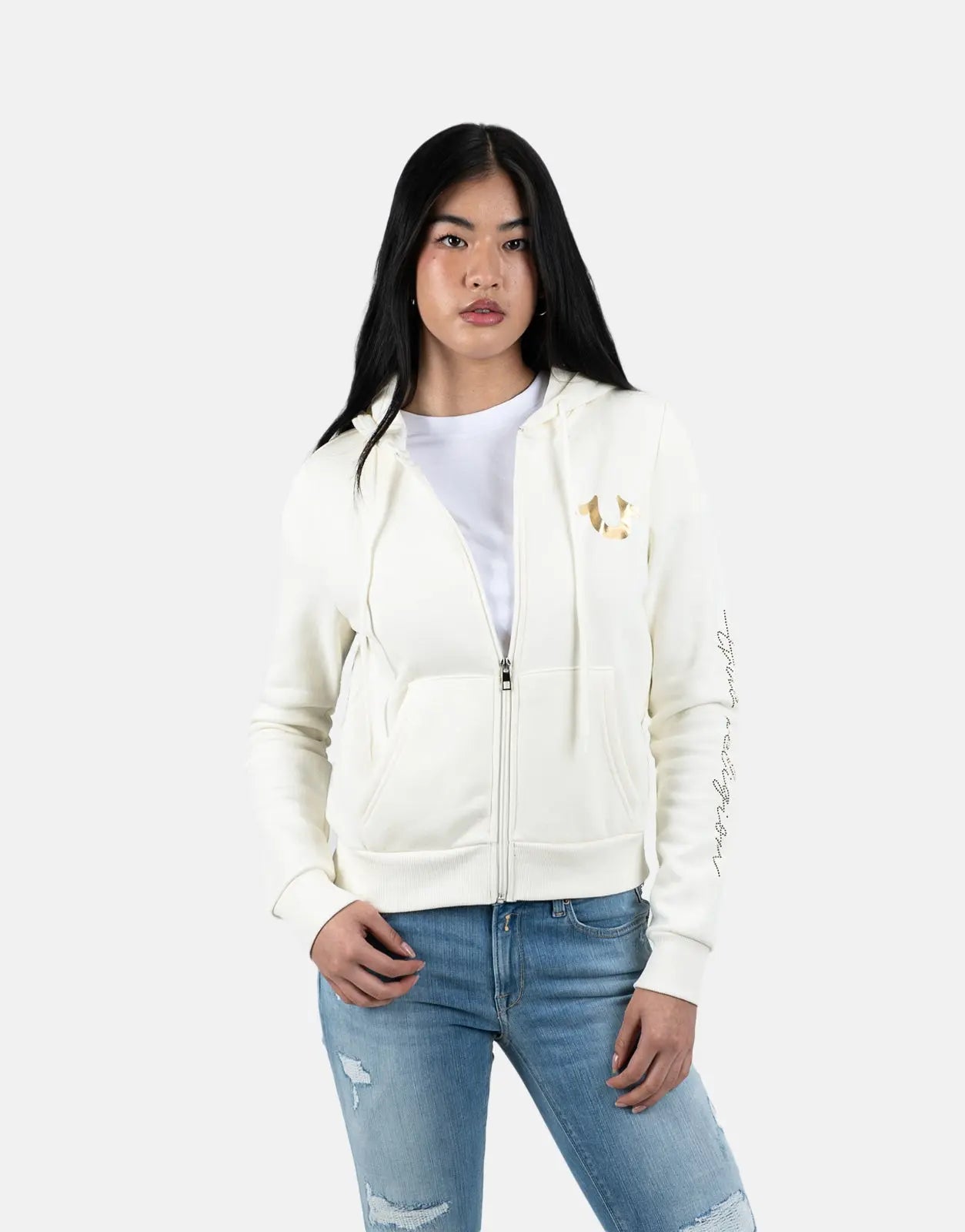 True Religion HS Script Zip Off White Hoodie - Subwear