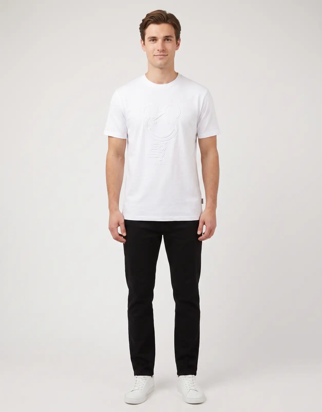 Front view of a men's Ben Sherman 3D Embossed Bear 260G white t-shirt, featuring a raised bear graphic.