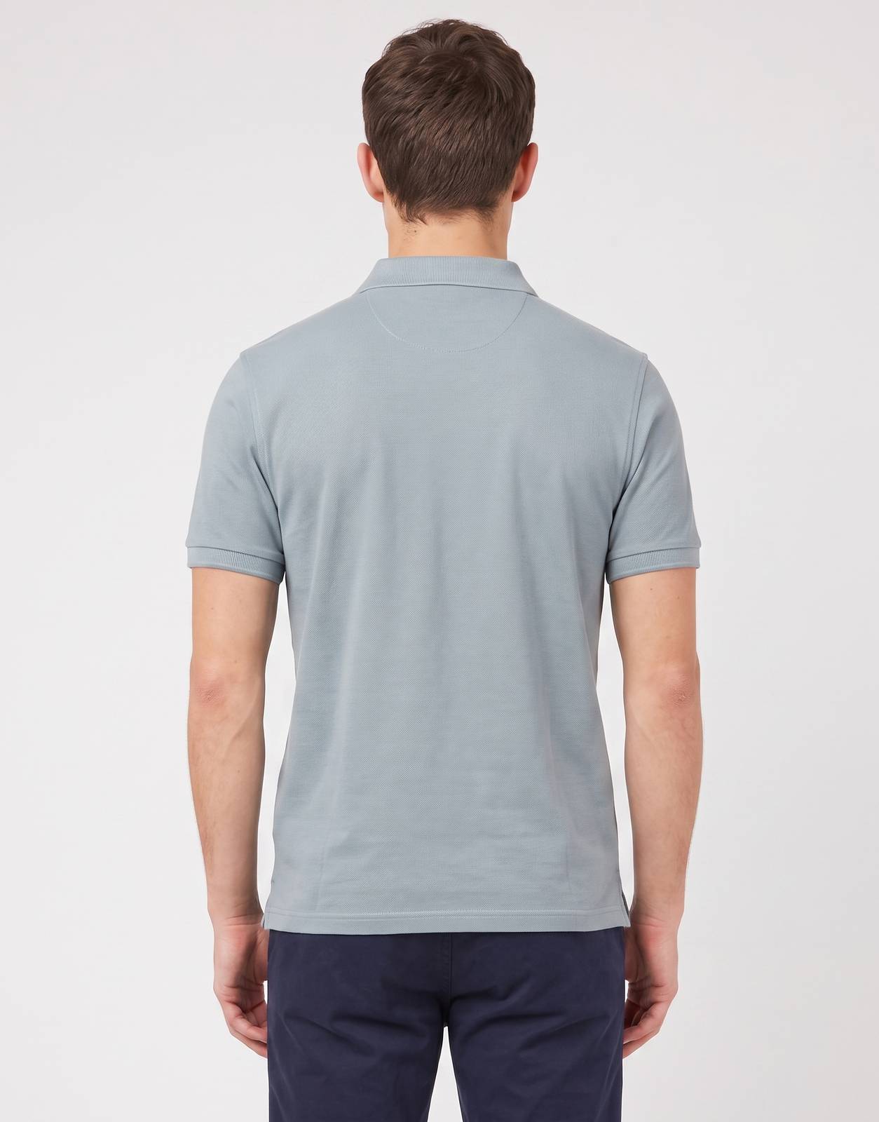 Ben Sherman Ben Polo in misty grey, shown from the back on a male model, featuring a classic collar and short sleeves.