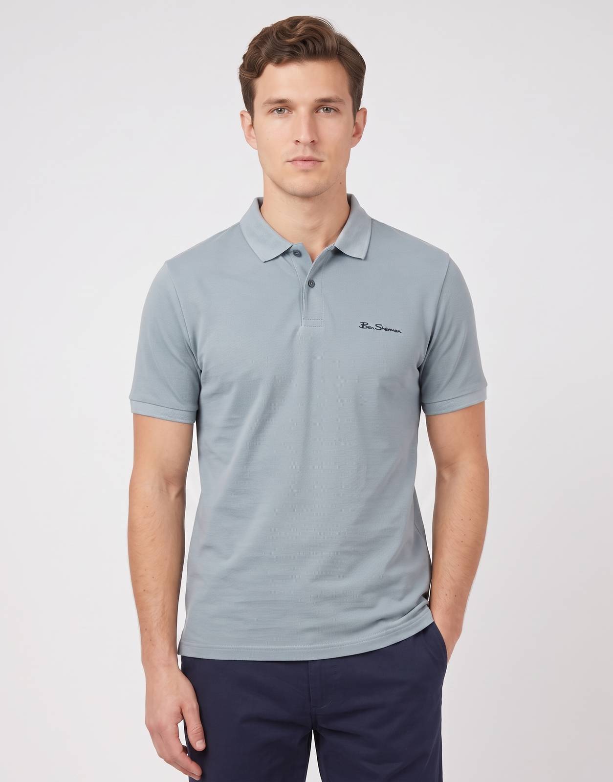 Men's Ben Sherman Ben Polo shirt in misty grey with a classic collar and short sleeves, shown on a model.