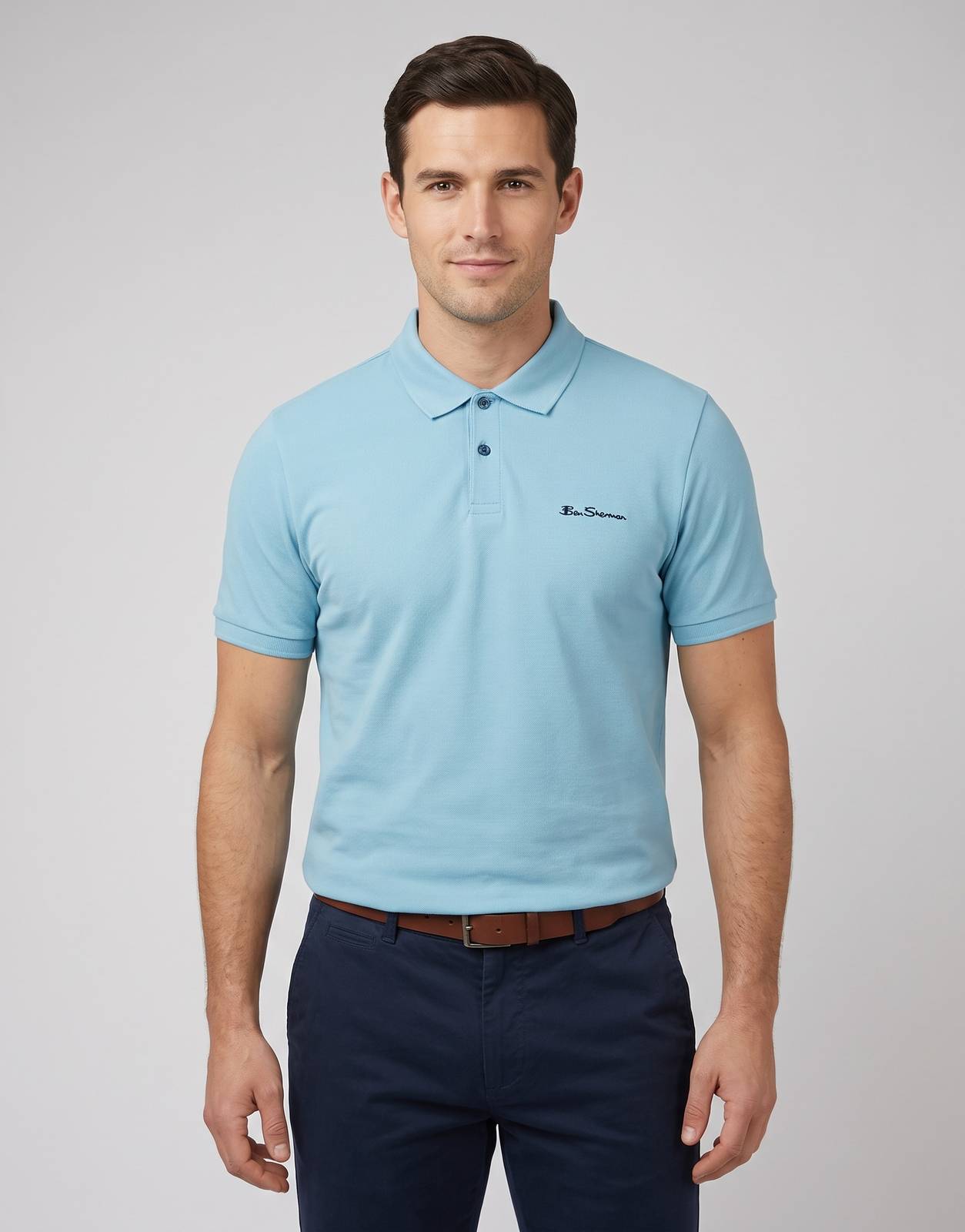 Ben Sherman Ben Polo retro blue T-shirt, short-sleeve light blue polo with two-button placket, front view.