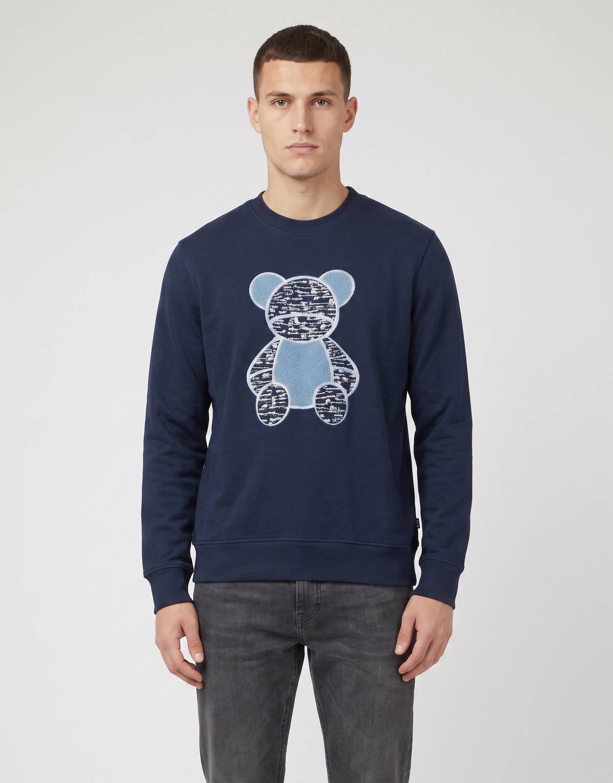 Ben Sherman BS Bear Fur navy crew sweatshirt for men, featuring a unique textured bear graphic on the front.