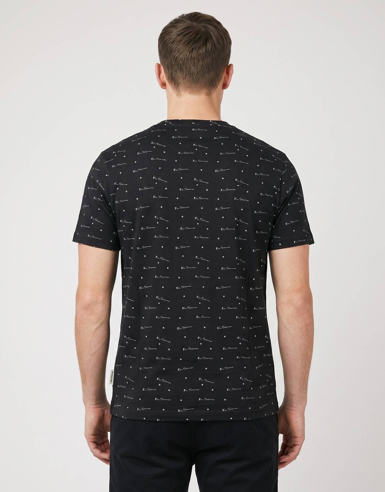 Ben Sherman Tar Aop Black T-Shirt, featuring an all-over white script logo print, made from soft cotton fabric, shown from
