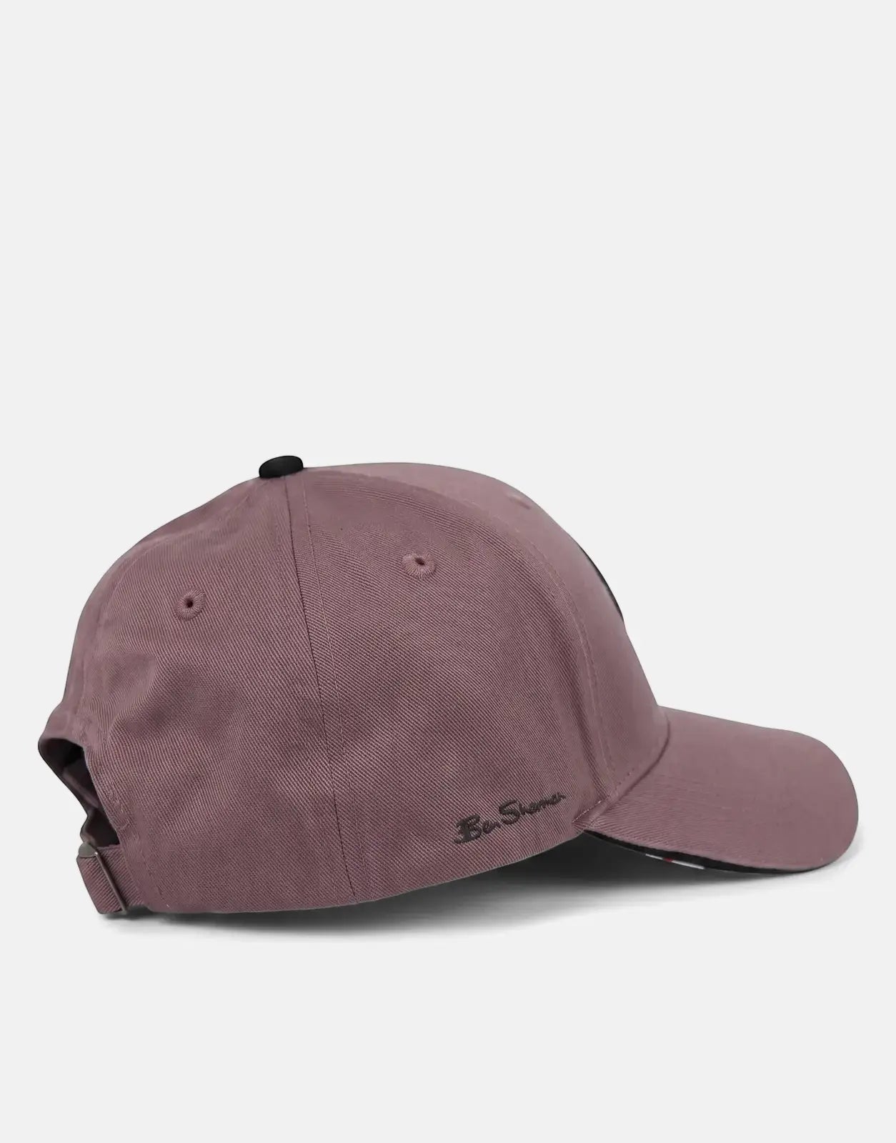 Ben Sherman Targy Cap in cocoa, featuring a dusty rose cotton twill fabric, side view with adjustable strap.