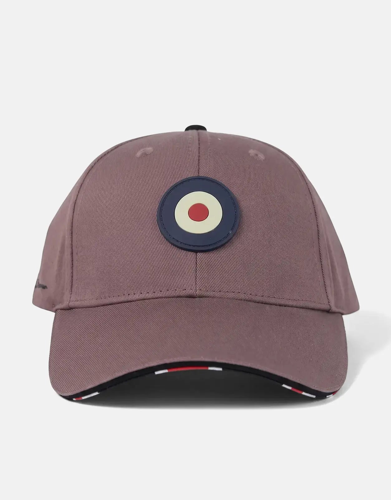 Ben Sherman Targy Cap in cocoa, a baseball style cap featuring a distinctive round target logo on the front and striped brim