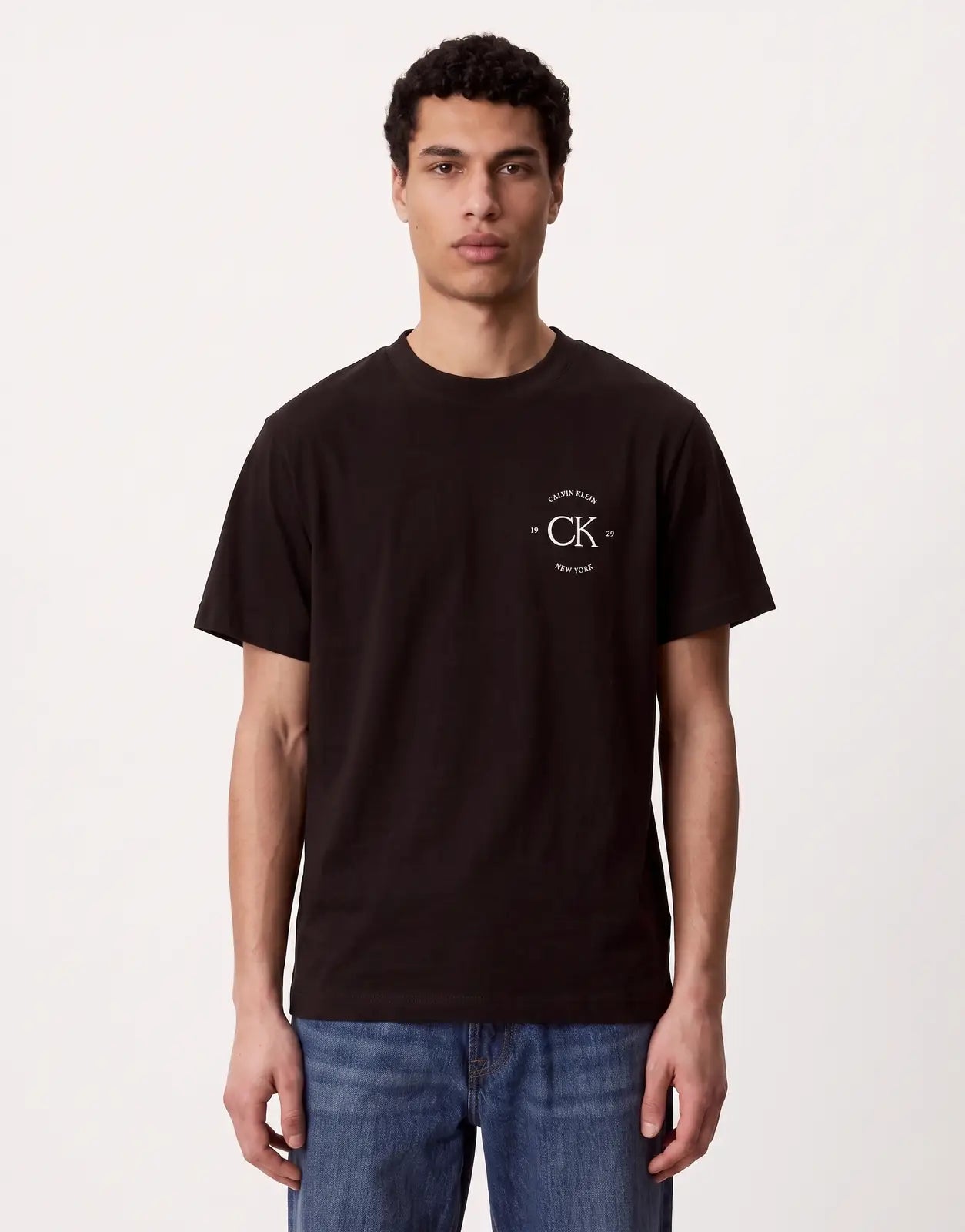Calvin Klein 20s April Graphic Seasonal Fashion Black t-shirt worn by a male model, front view, on a white background.
