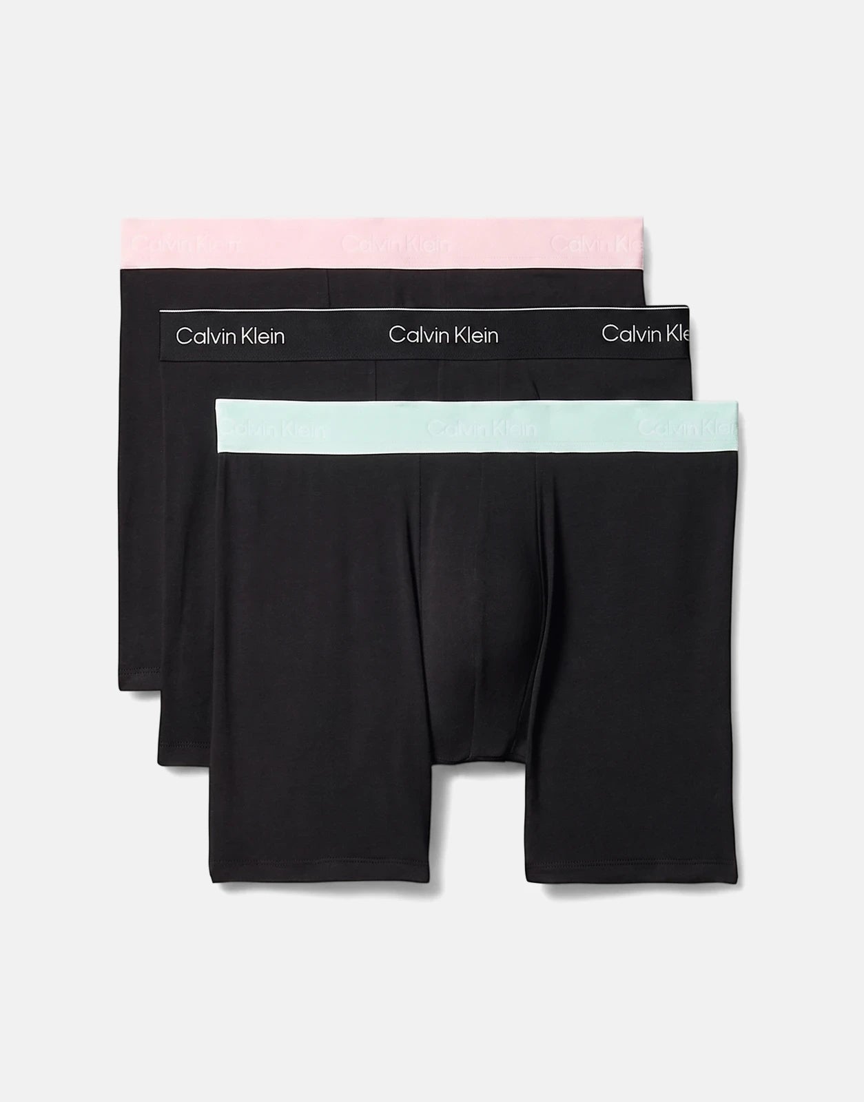 Calvin Klein 3 pack black boxer briefs with pink, black, and mint green waistbands, stacked.