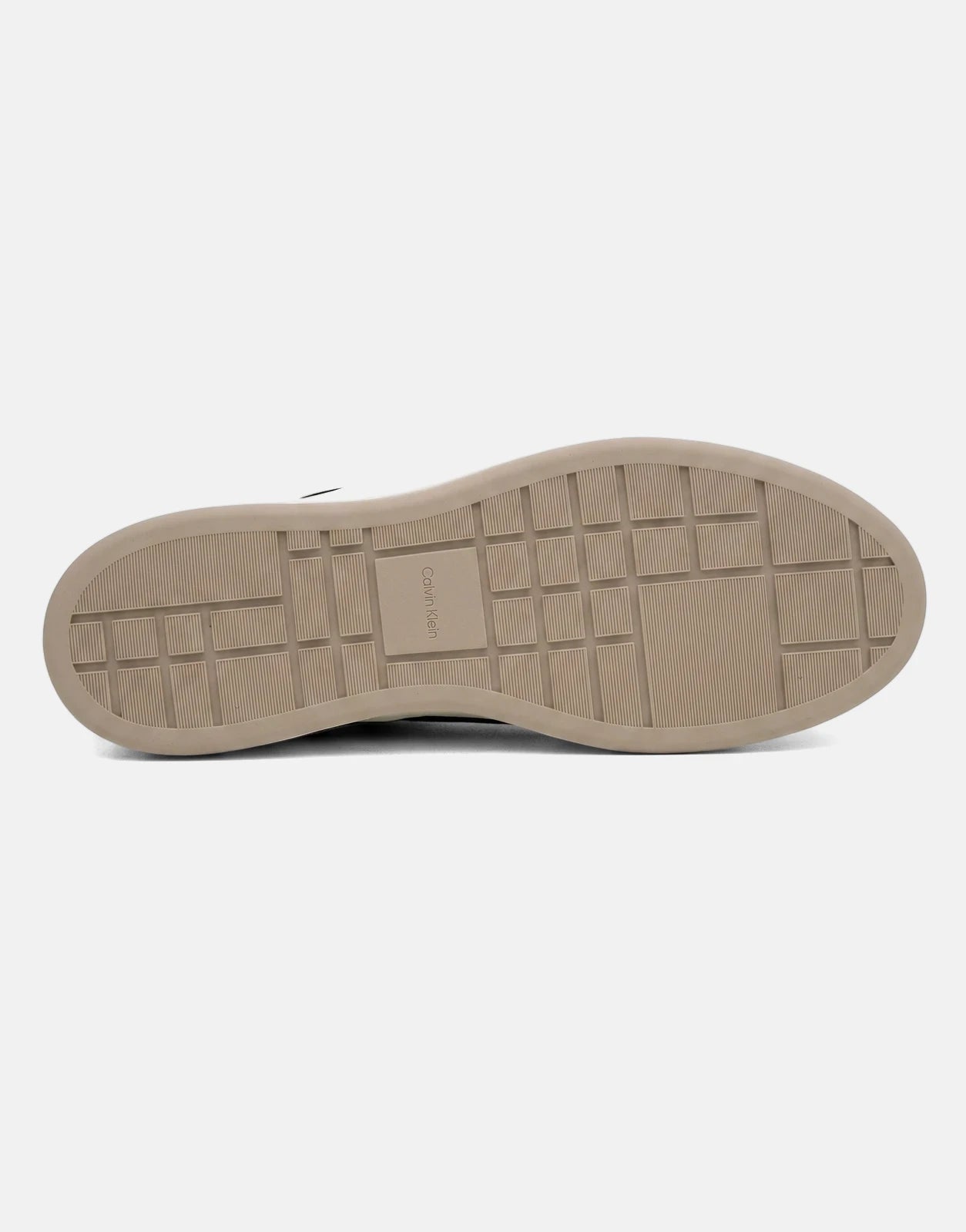 Calvin Klein Basket Cupsole sneakers with a black multi-color upper, showcasing the tan rubber sole with brand logo.