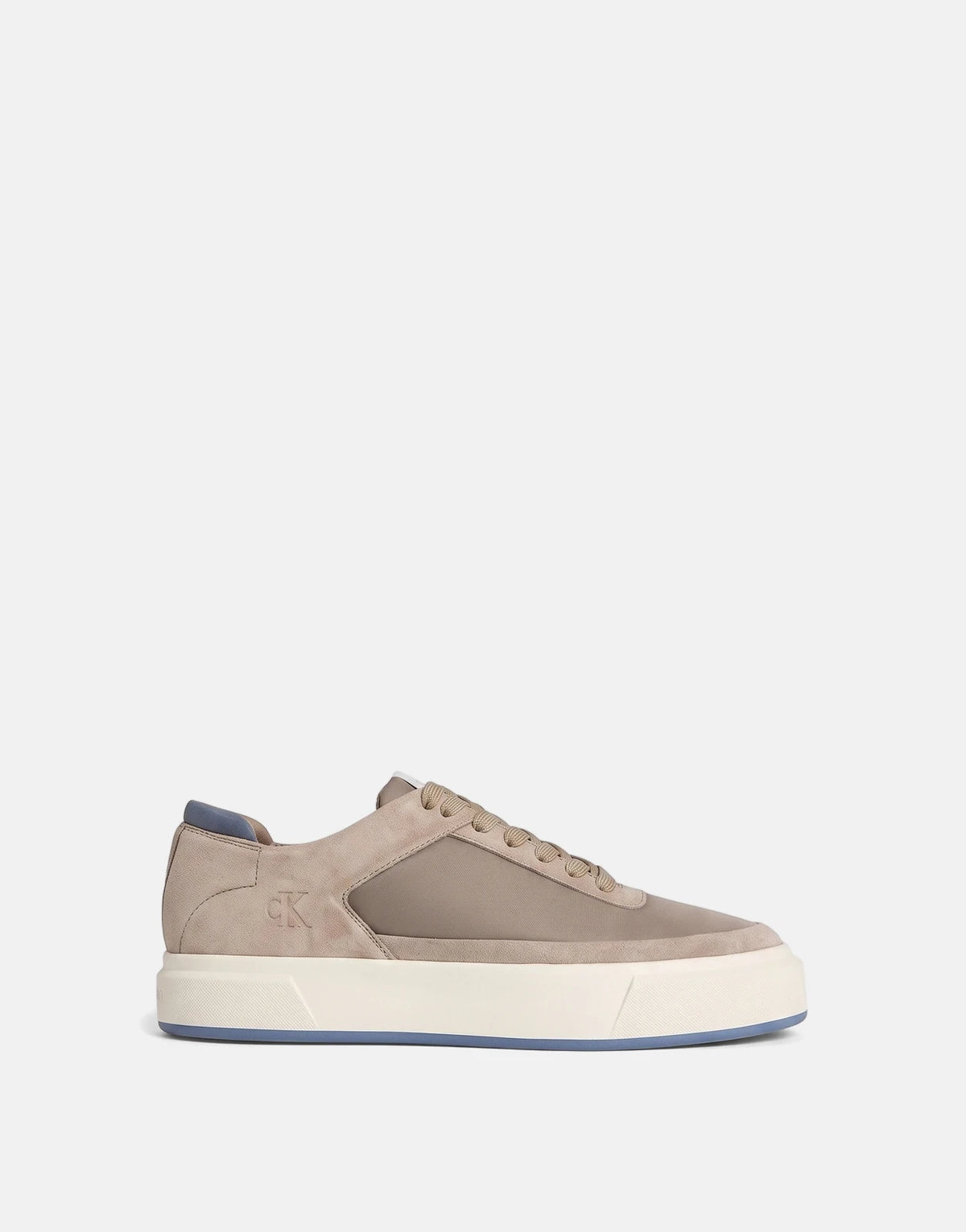 Calvin Klein men's Basket Cupsole Laceup Multi Sneakers in beige and off-white with blue sole, side view.