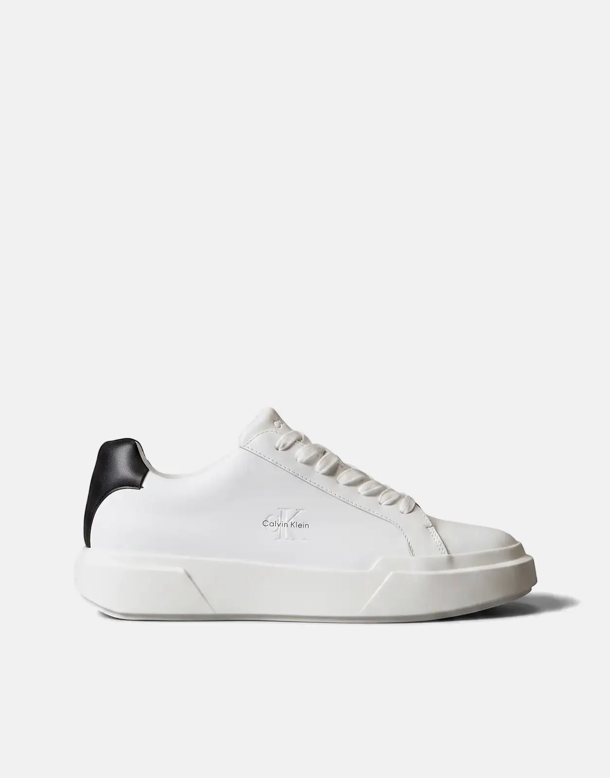 White and black Calvin Klein Chunky Cupsole Sneaker in a side view, featuring a chunky sole and black heel tab.