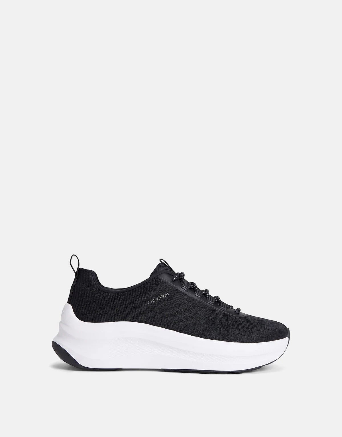 Calvin Klein Chunky Run Lacesock Stripe black sneaker with a thick white sole, detailed black laces, and a side profile view.